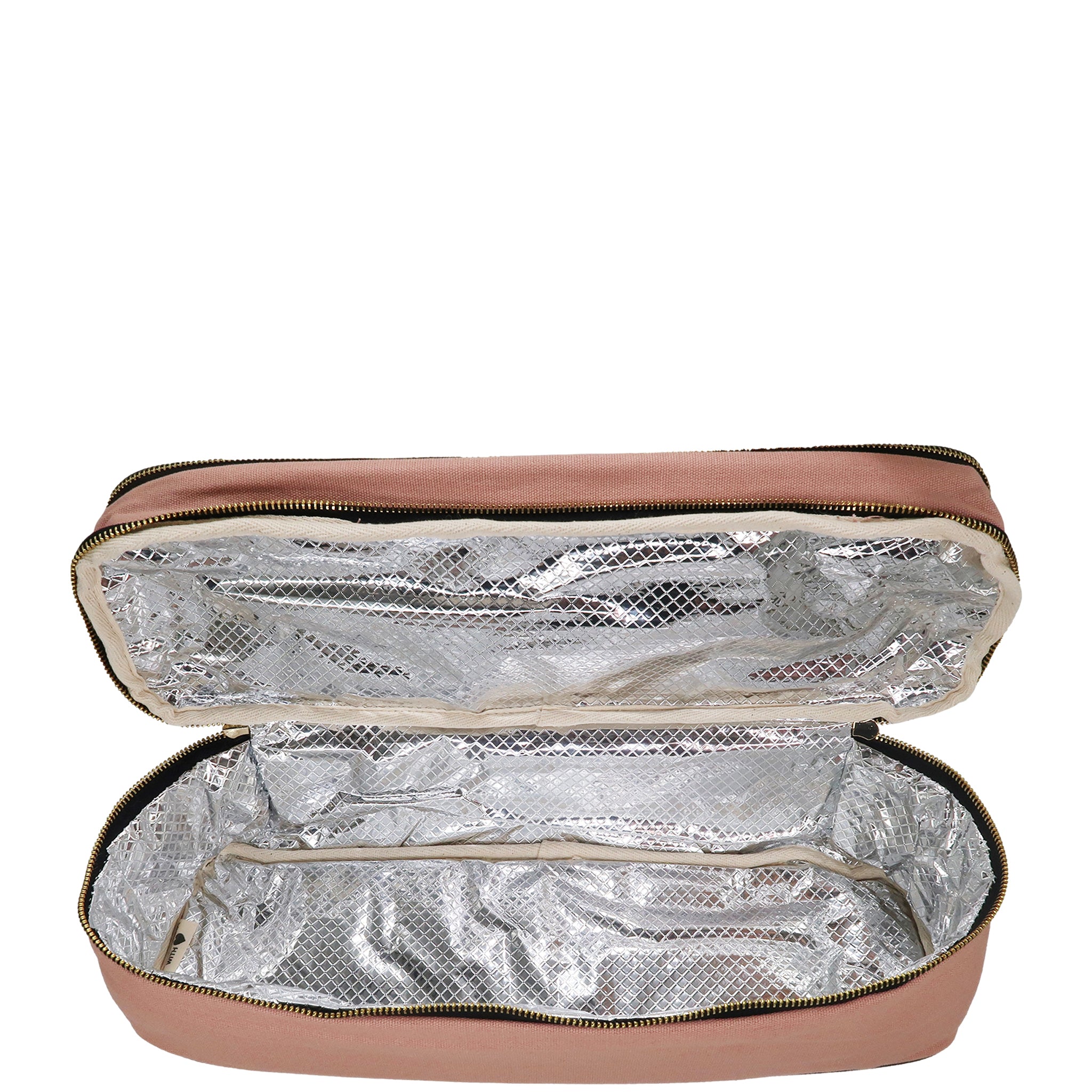 Open pink Bag-all Double Hair Tools Travel Case showing silver insulated interior with zipper closure