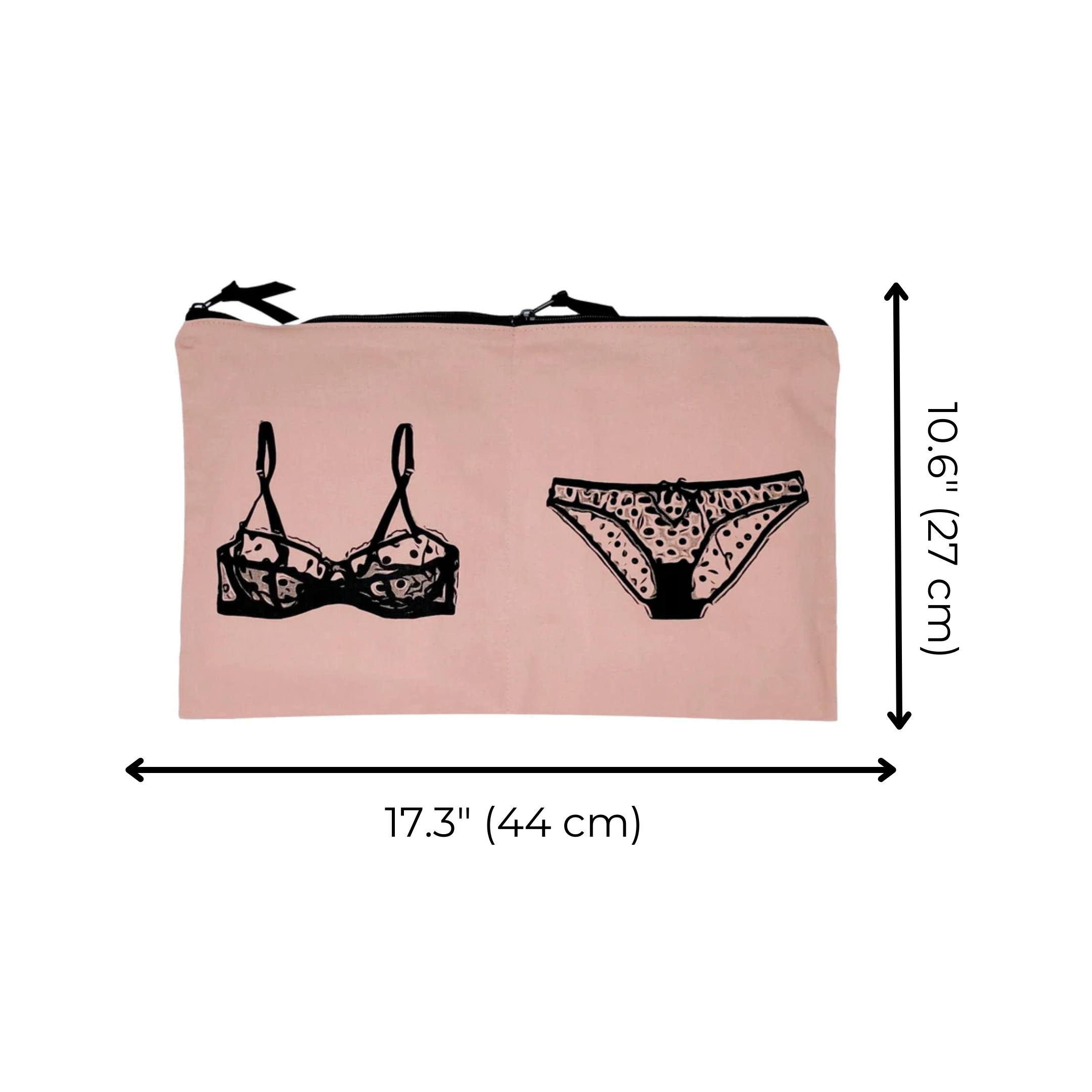 Bag-all Double Lingerie Packing Pouch in pink/blush with black illustrated bra and panty design, dual compartments and metal zipper, measuring 17.3 x 10.6 inches