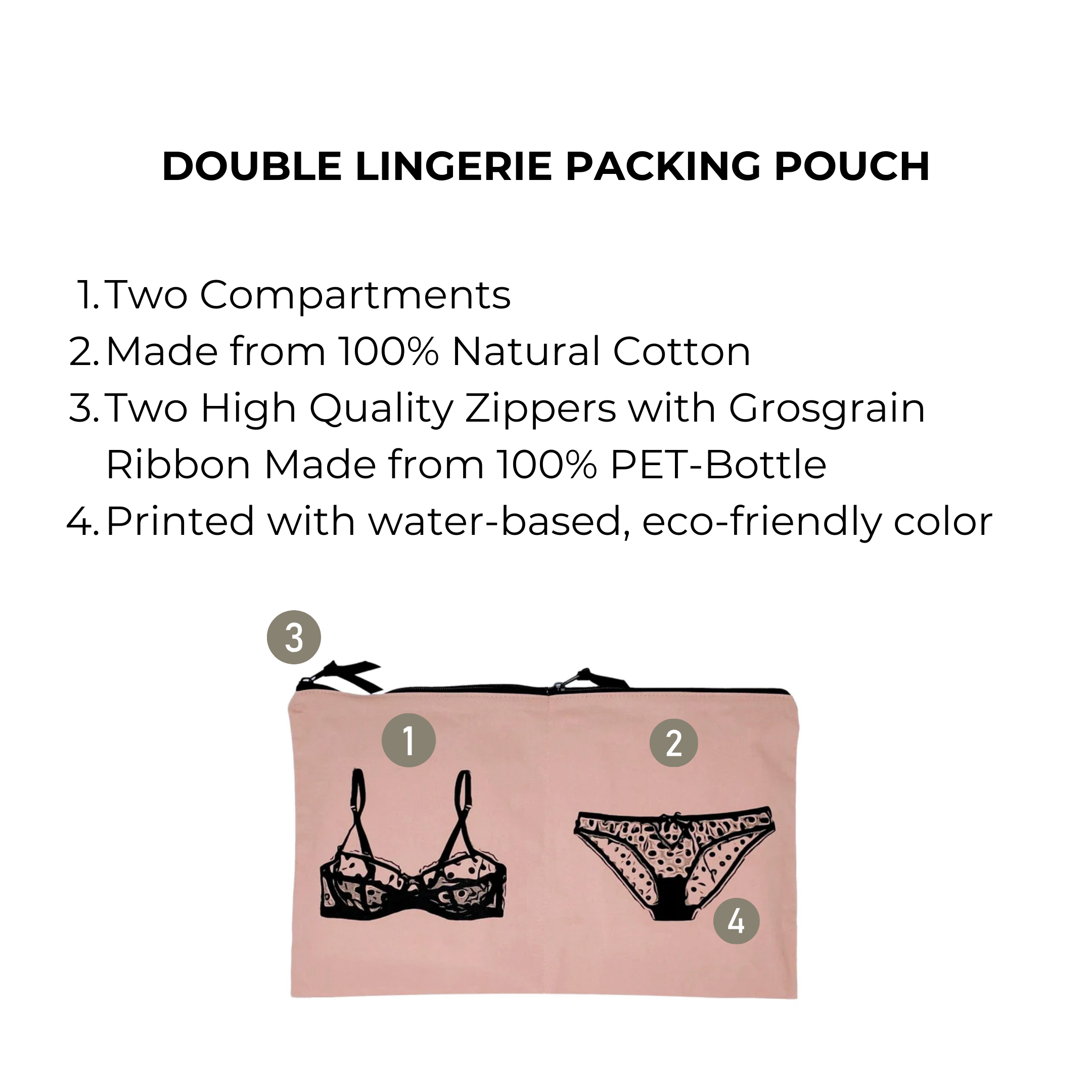 Bag-all Double Lingerie Packing Pouch in Pink/Blush with dual compartments, featuring black lingerie print design, natural cotton material, and eco-friendly metal zippers for organized travel storage