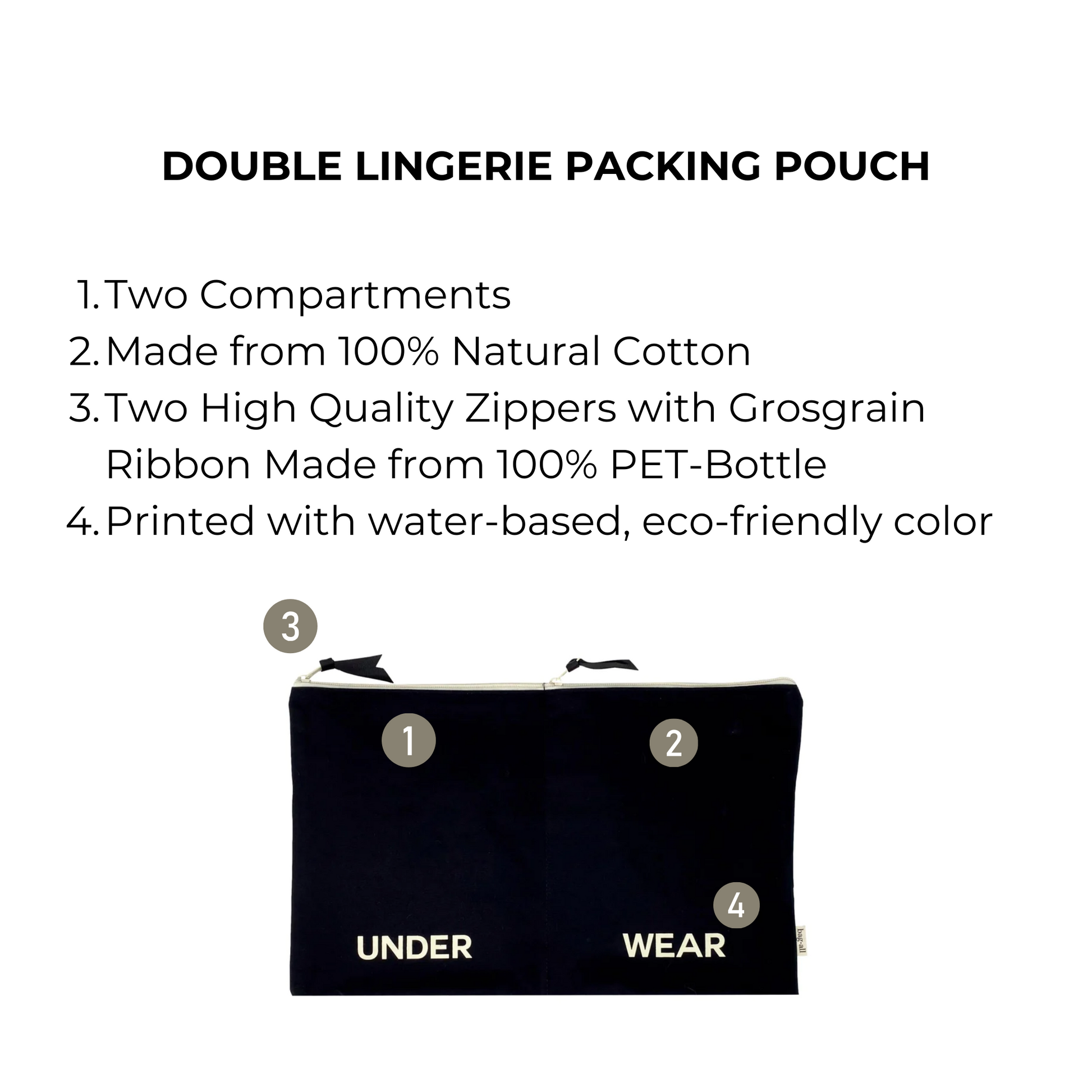 Bag-all Double Lingerie Packing Pouch in black cotton with dual compartments and recycled zipper closures, featuring "UNDER WEAR" text print for organized travel storage