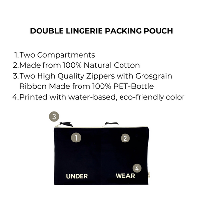 Bag-all Double Lingerie Packing Pouch in black cotton with dual compartments and recycled zipper closures, featuring "UNDER WEAR" text print for organized travel storage