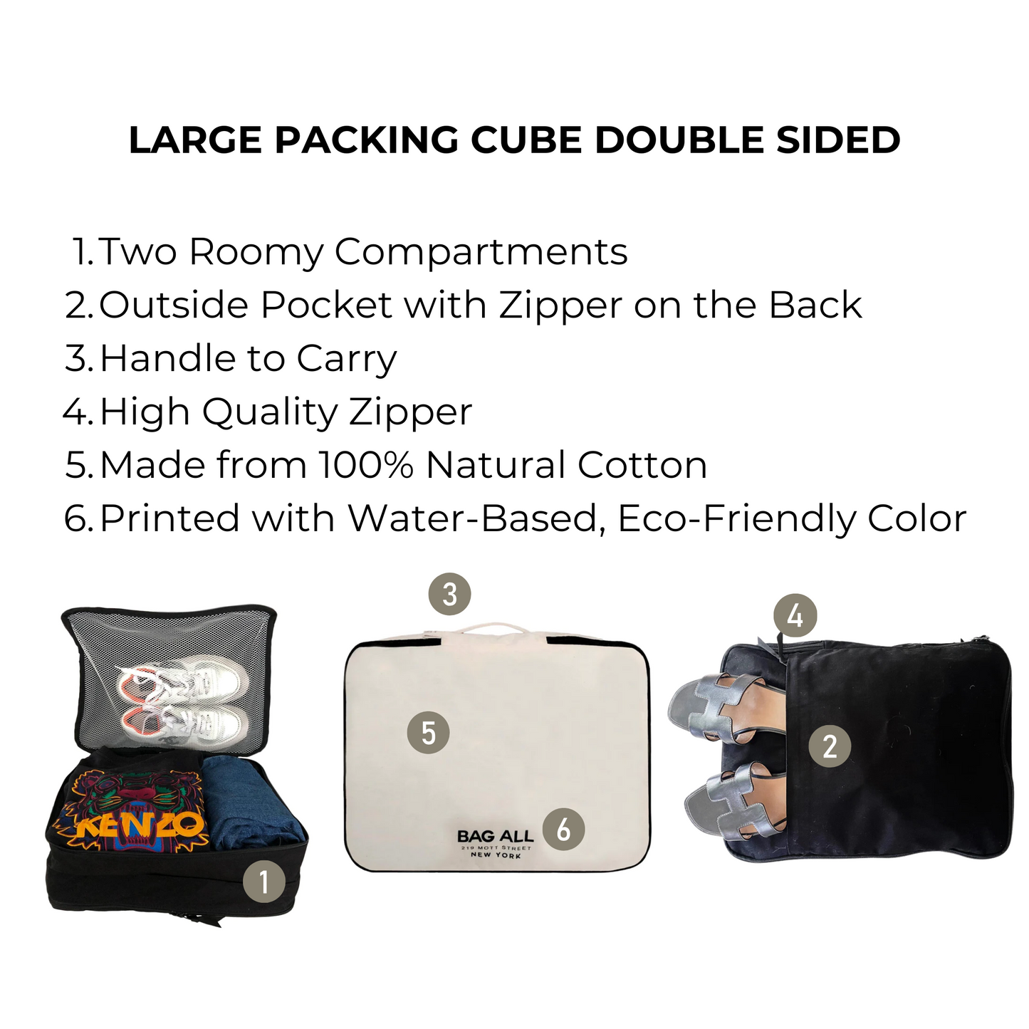 Bag-all Large Packing Cube Double Sided in Cream features dual compartments, exterior shoe pocket, and carrying handle, made from eco-friendly cotton for organized travel storage