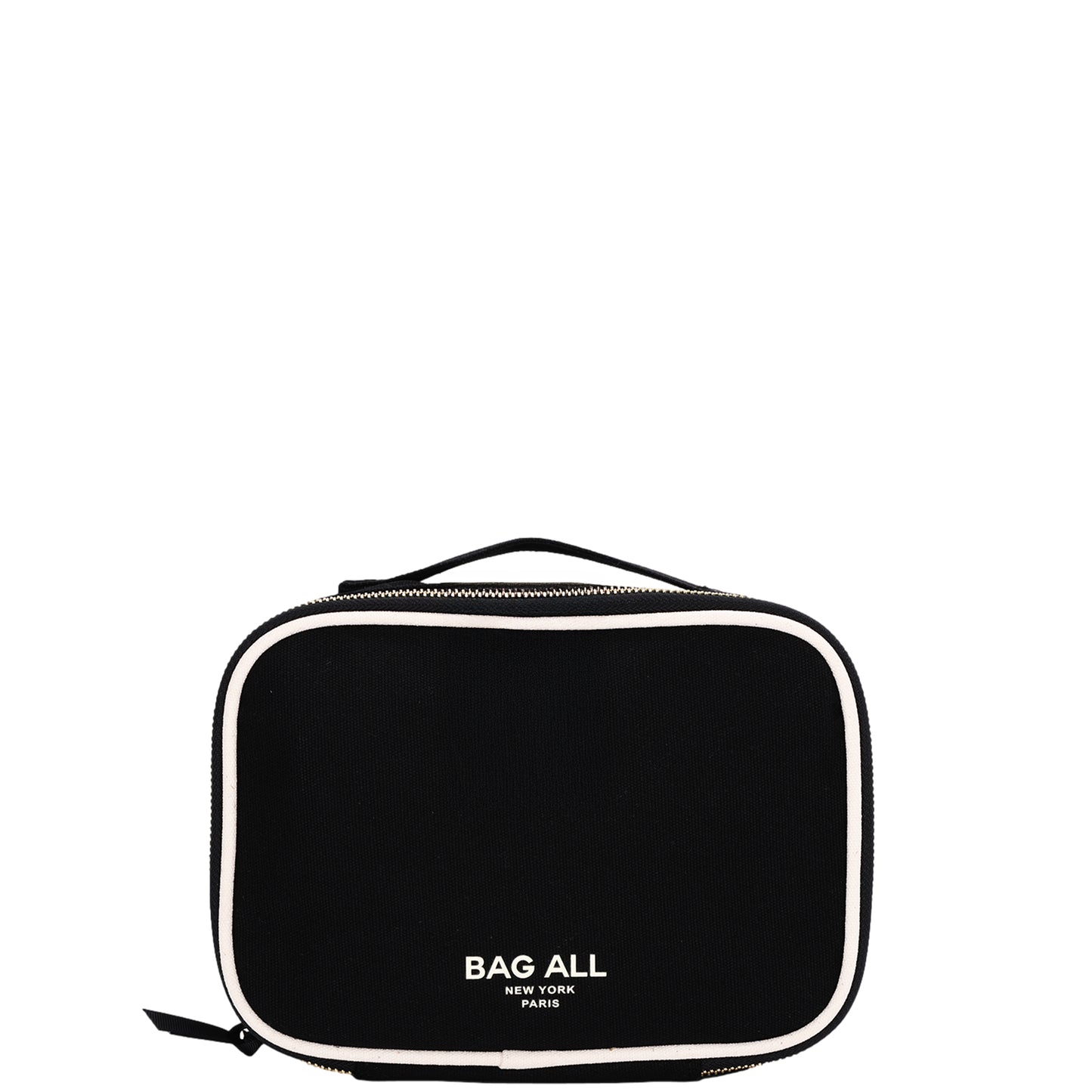 Black double-sided Bag-all case with white trim and handle for multi-use organization and travel storage