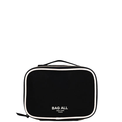 Black double-sided Bag-all case with white trim and handle for multi-use organization and travel storage
