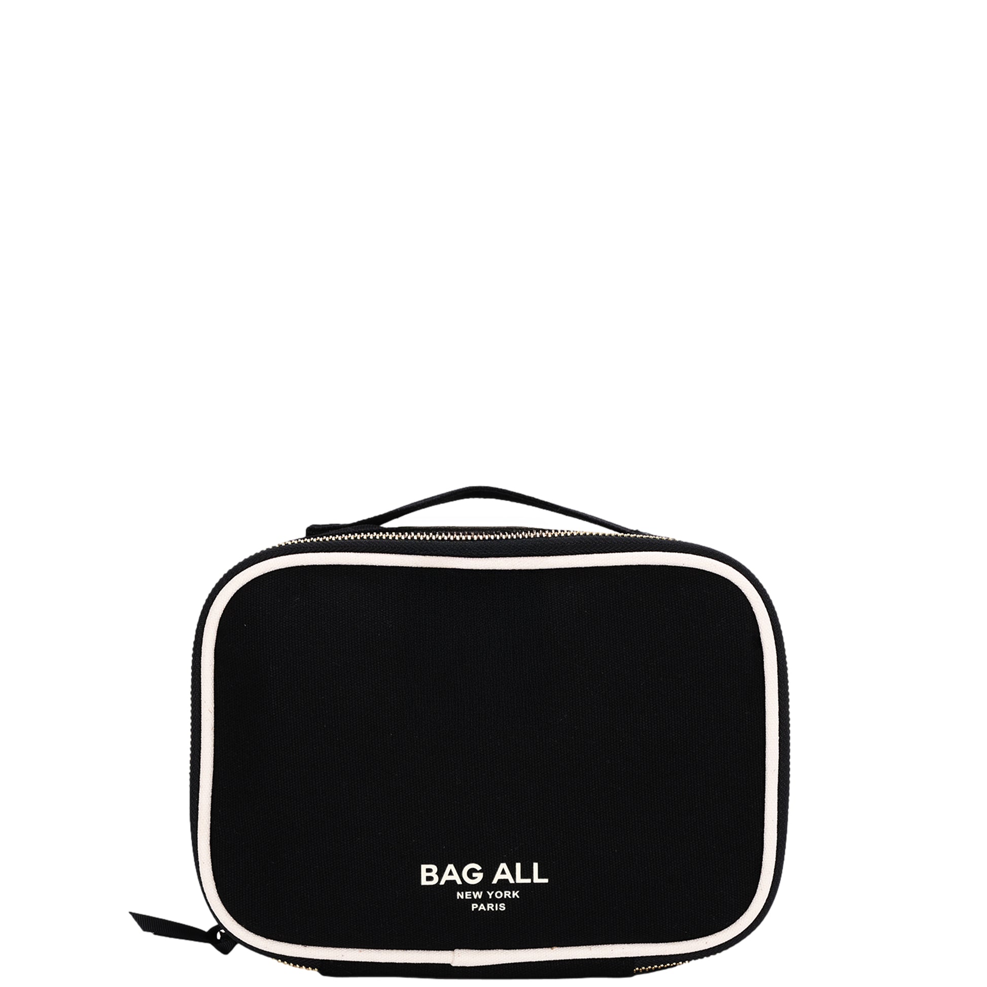 Black double-sided makeup case with white trim and Bag-all logo front view on white background