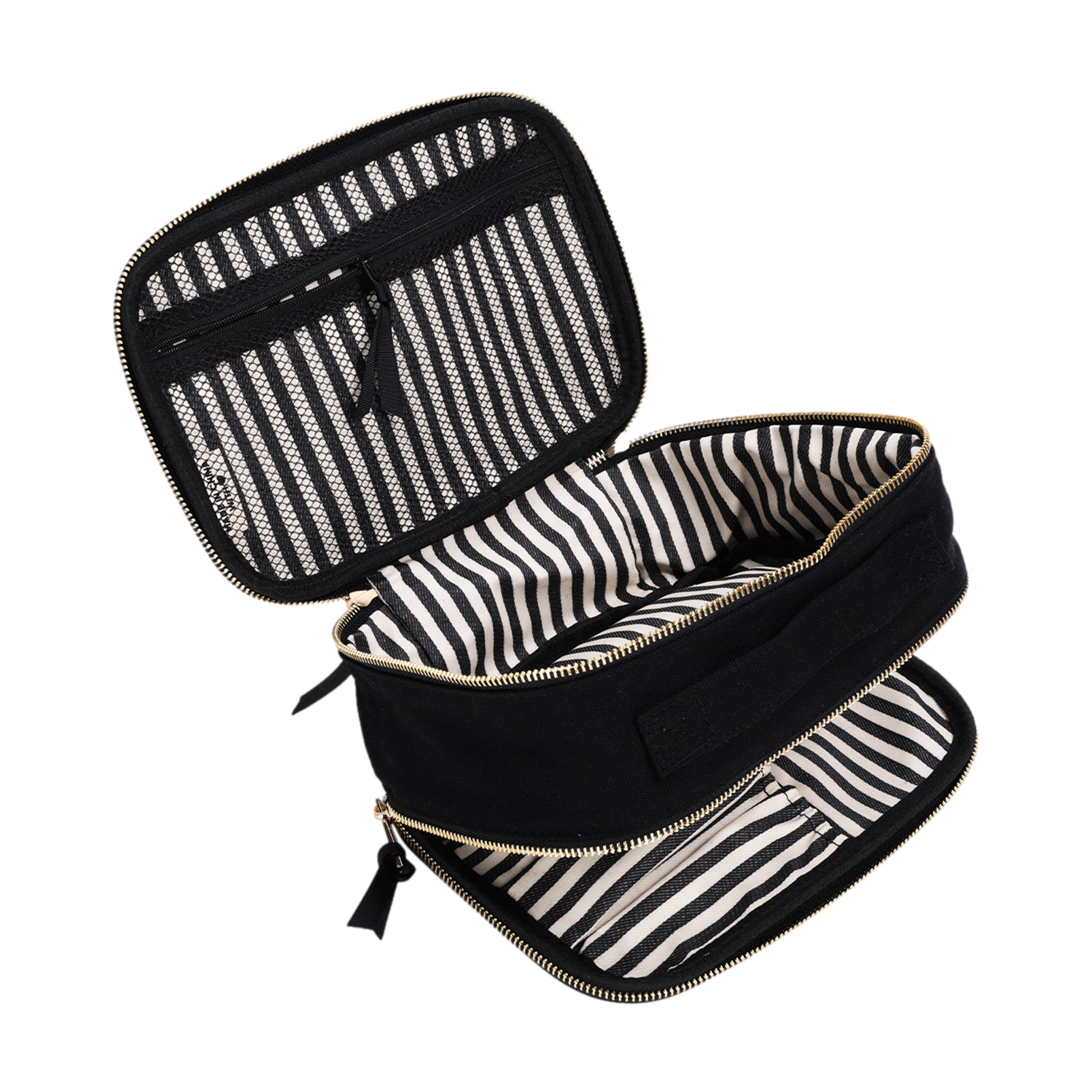 Open black Bag-all double-sided makeup case showing striped interior pockets and compartments