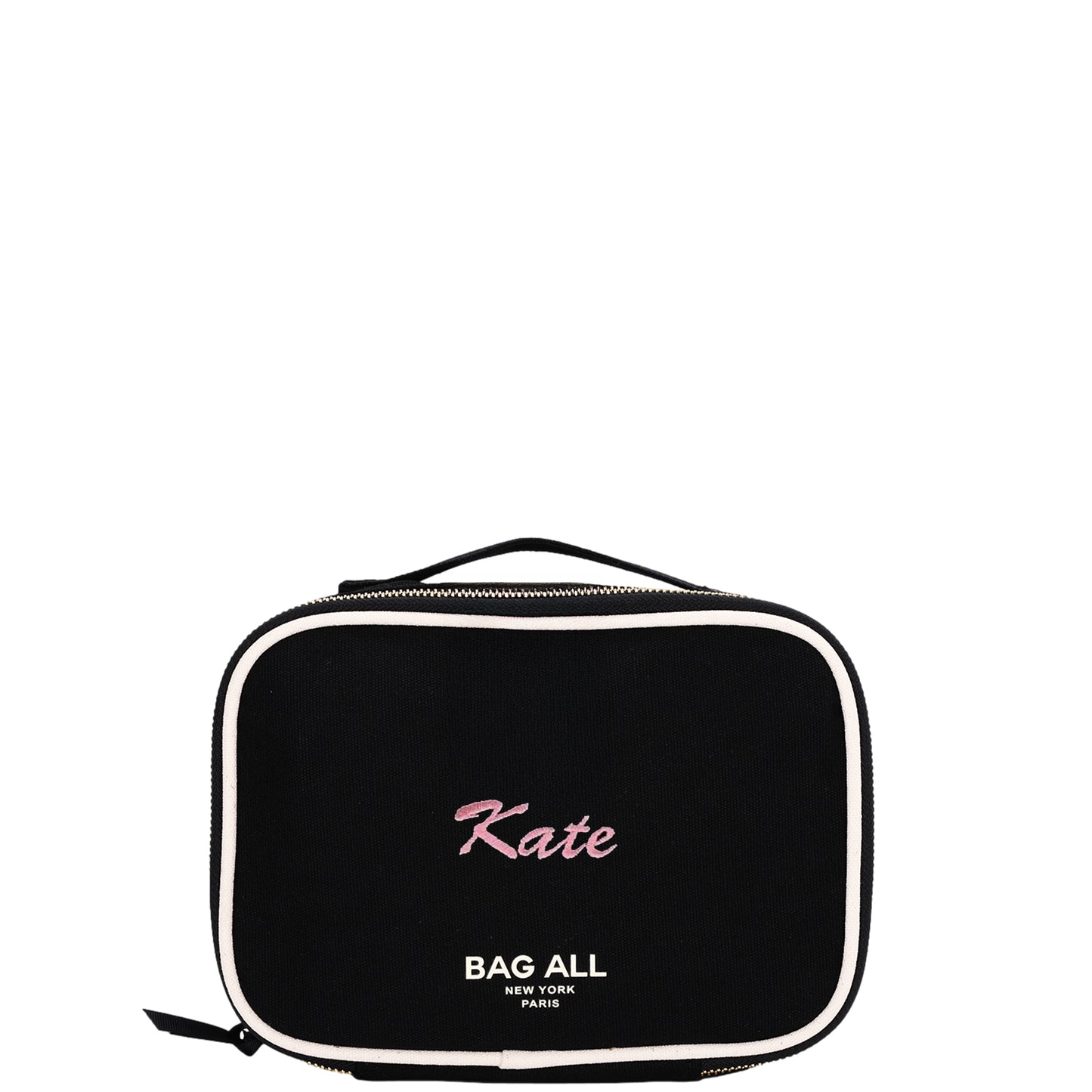 Black Bag-all double-sided case with white trim and personalized pink "Kate" embroidery on front
