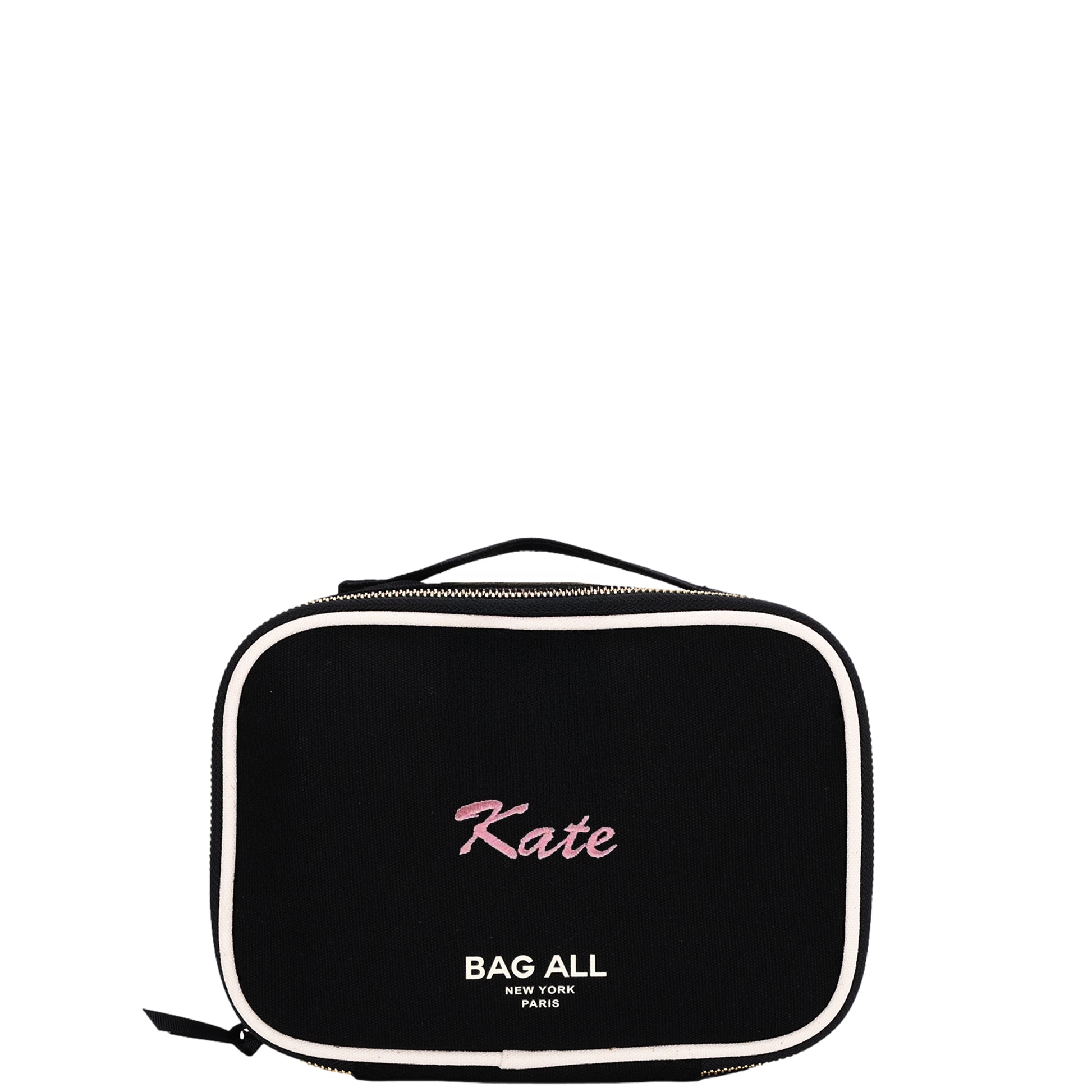 Black Bag-all double-sided case with white trim and personalized pink "Kate" embroidery on front