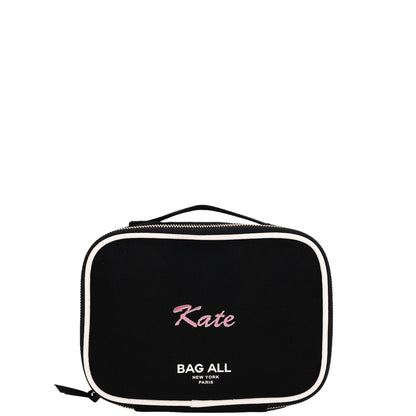 Black Bag-all double-sided case with white trim and personalized pink "Kate" embroidery on front