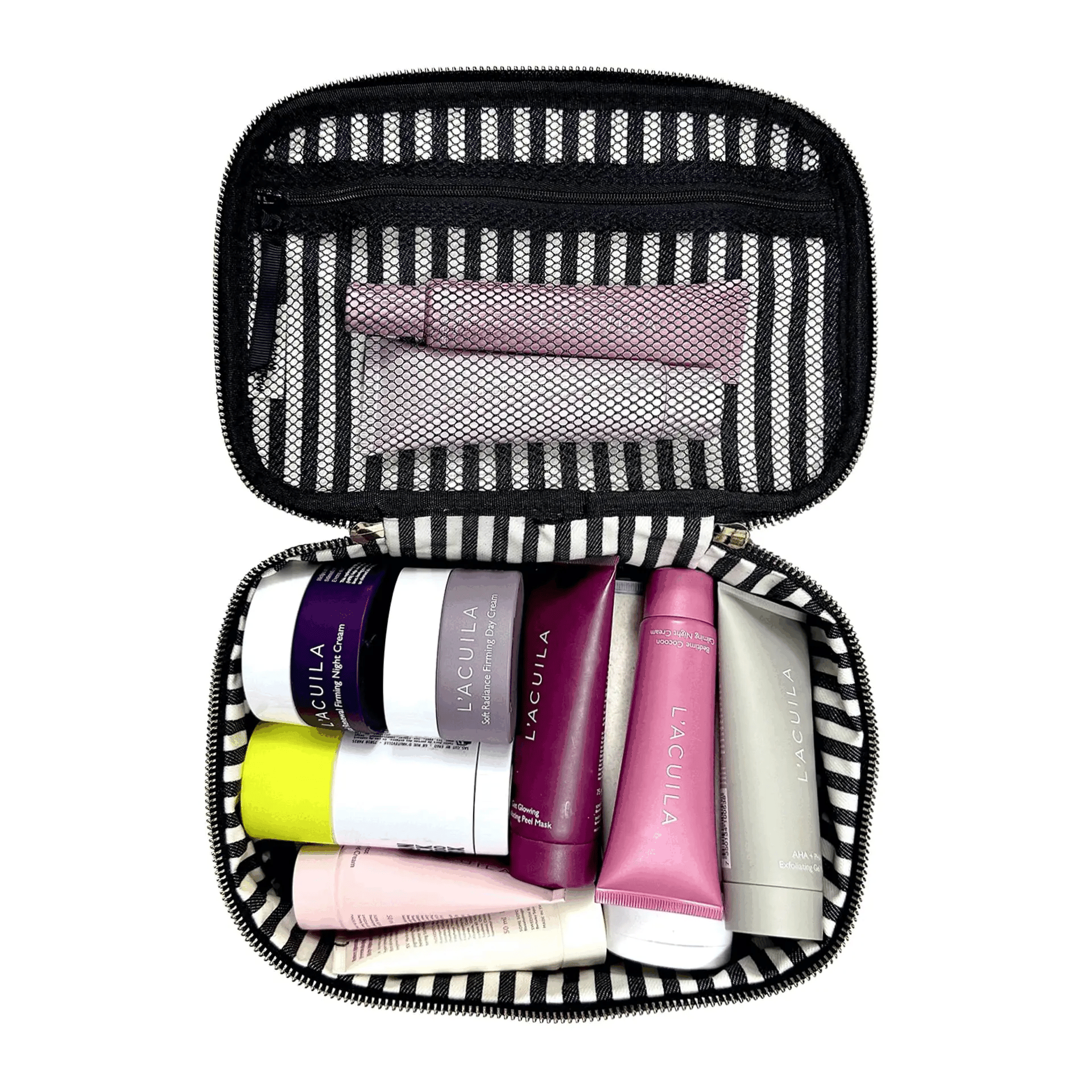 Black double-sided makeup case by Bag-all with striped interior and organized cosmetic tubes inside