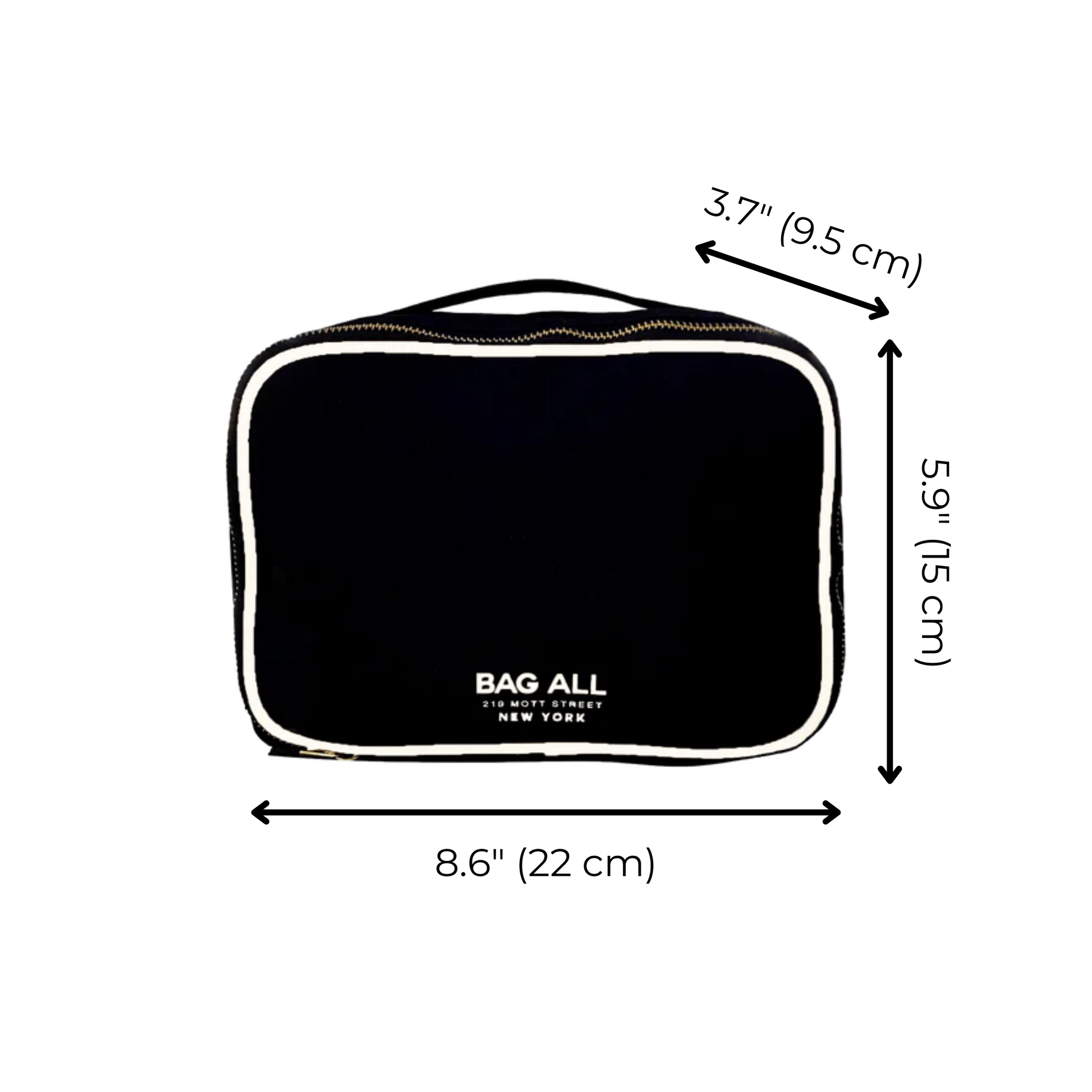 Bag-all Double Sided Toiletry Case in Black with natural cotton trim, dual metal zippers, and waterproof interior. Measures 8.6x5.9x3.7 inches, perfect for travel organization and daily essentials.