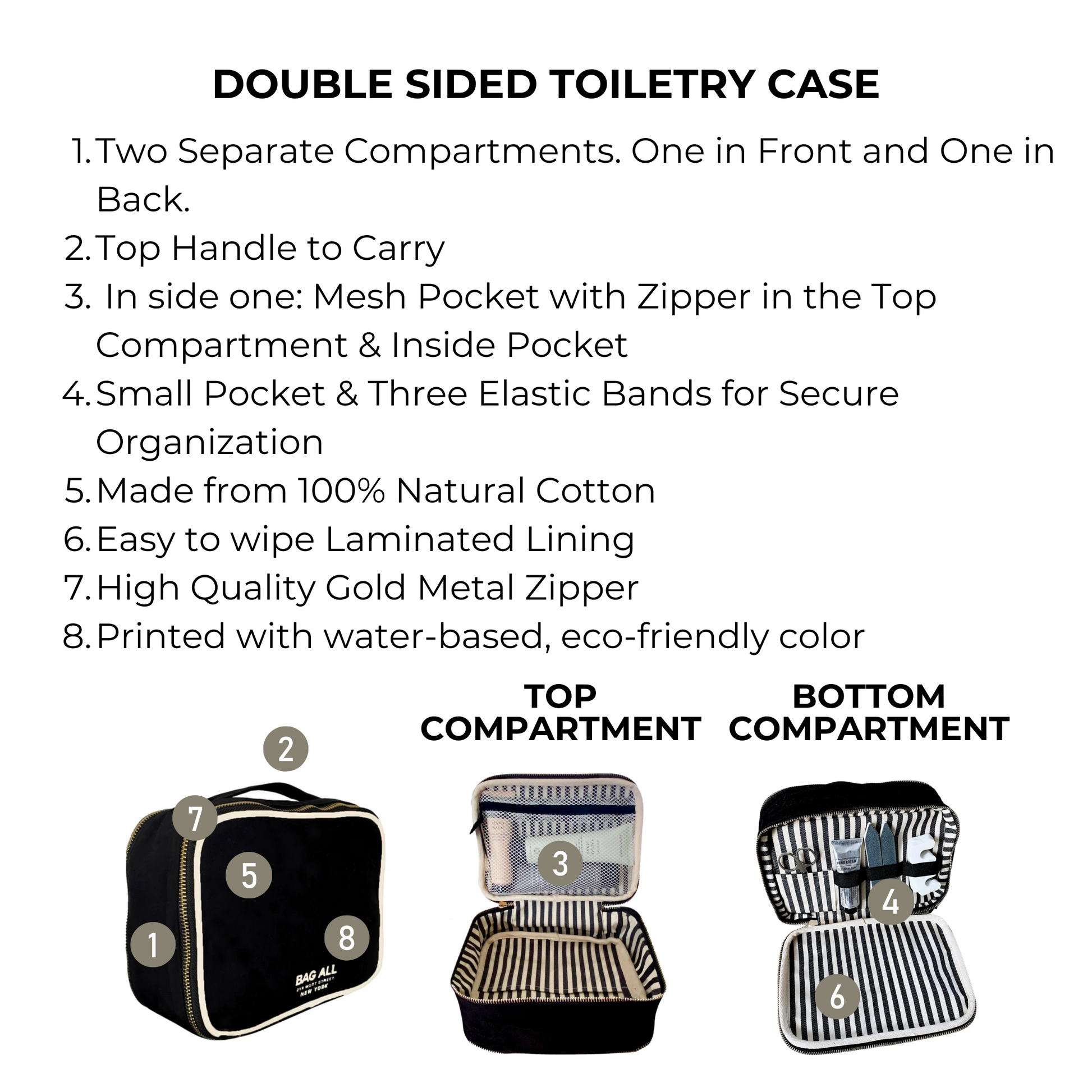Bag-all Double Sided Toiletry Case in Black with dual compartments, waterproof lining, mesh pockets, elastic bands, and gold zipper. Premium cotton travel organizer for toiletries and grooming essentials.