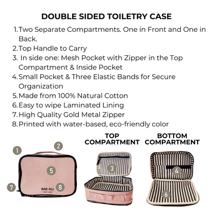 Bag-all Double Sided Toiletry Case in Pink/Blush features dual compartments, cotton construction, laminated interior, gold zippers, mesh pockets, and elastic organizers for travel essentials