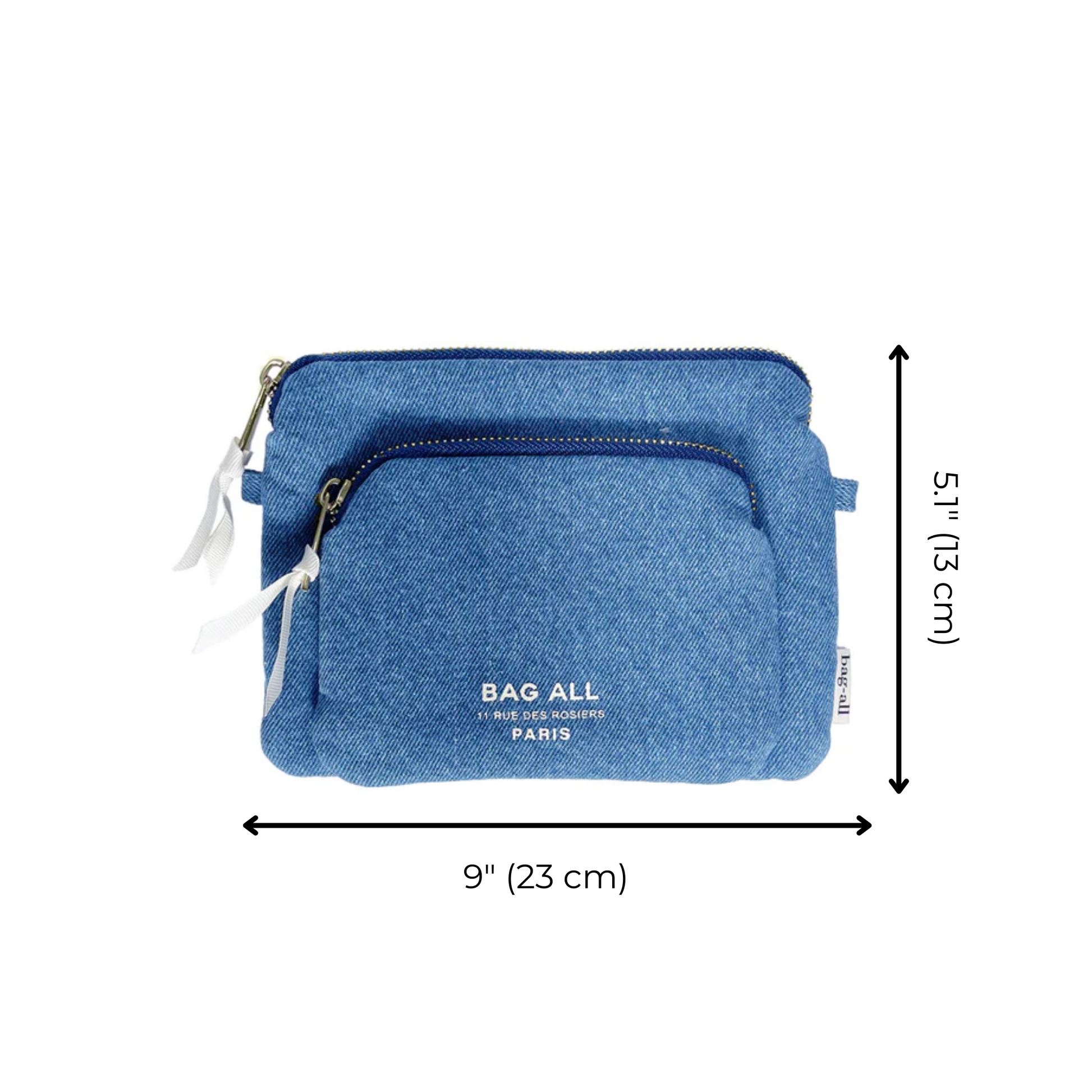 Bag-all Padded Trinket Pouch Double Pocket Denim featuring dual compartments, zipper closure, 23cm width, blue denim fabric, perfect for organizing small essentials