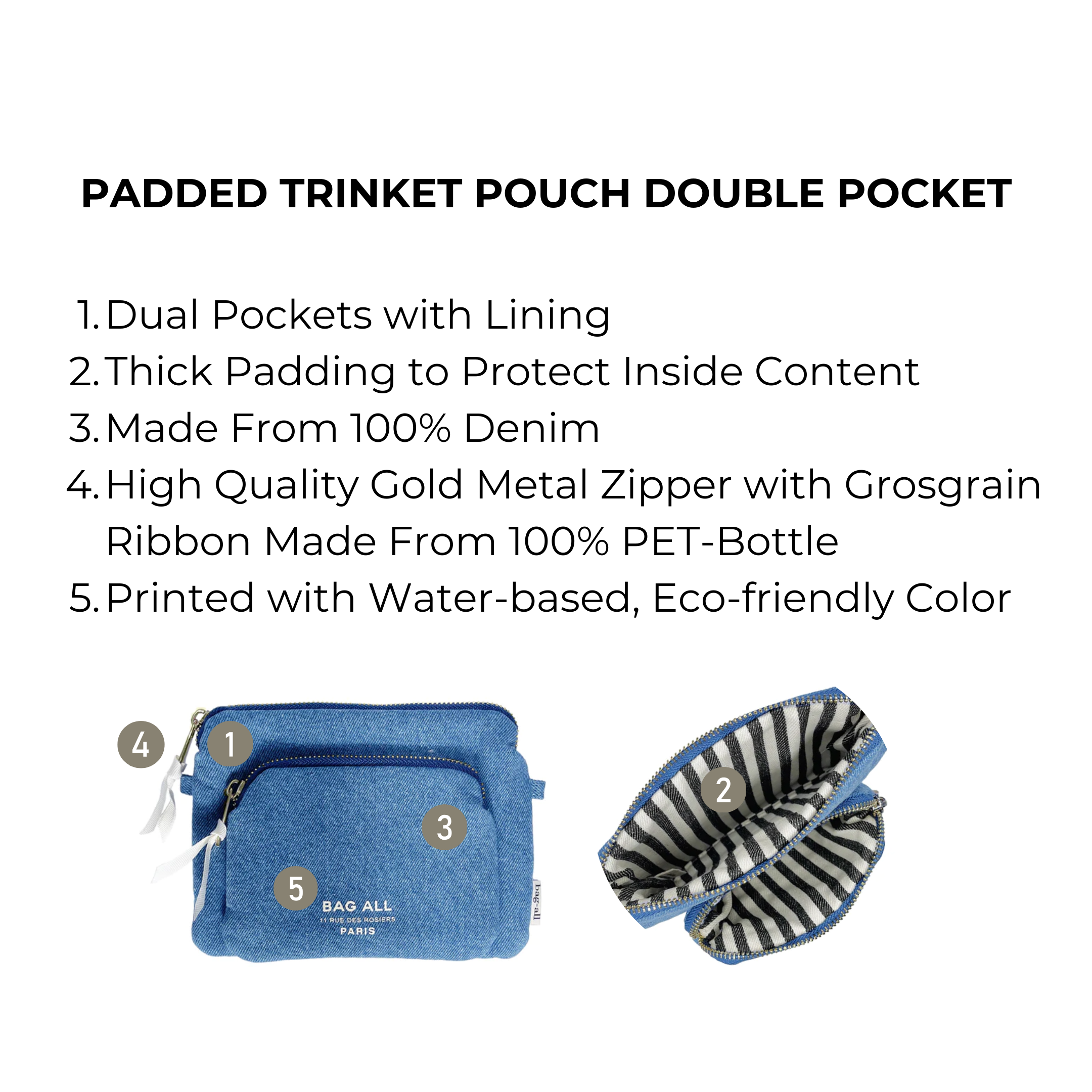 Padded Trinket Pouch Double Pocket, Denim | Bag-all