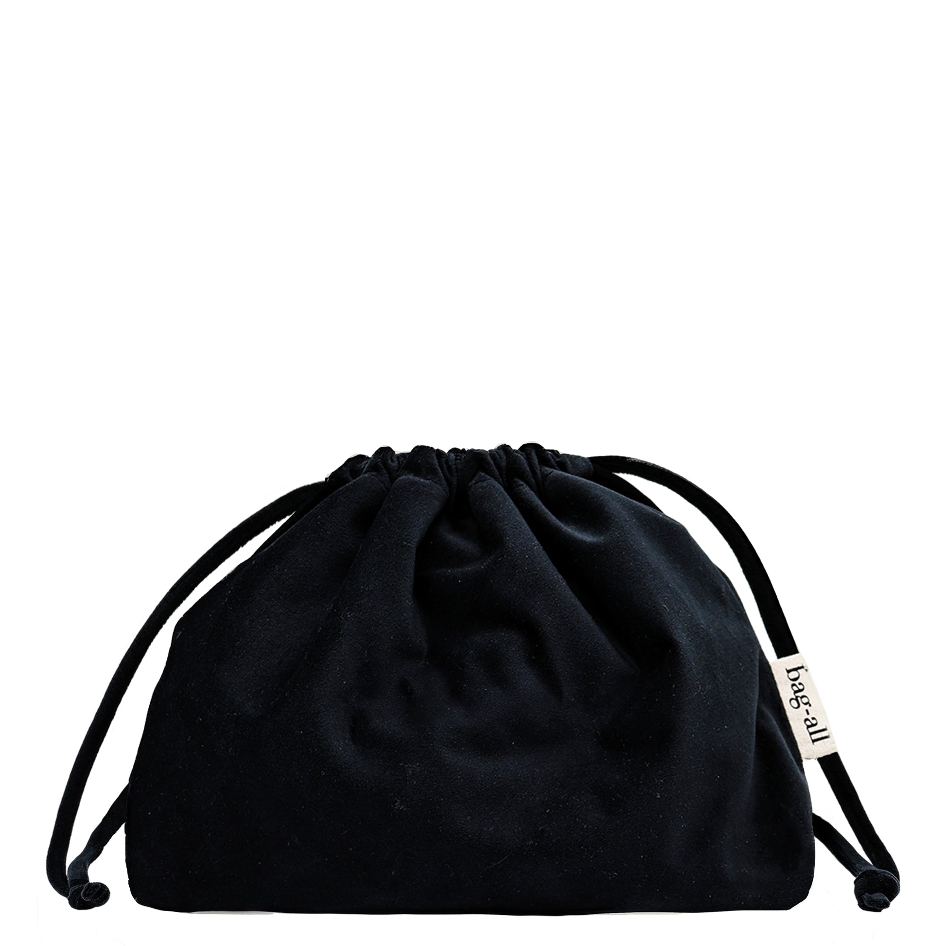 Black velvet drawstring makeup organizing bag by Bag-all, soft and spacious for easy access and travel convenience