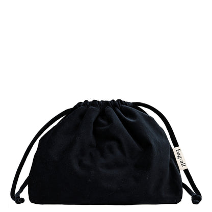 Black velvet drawstring makeup organizing bag by Bag-all, soft and spacious for easy access and travel convenience