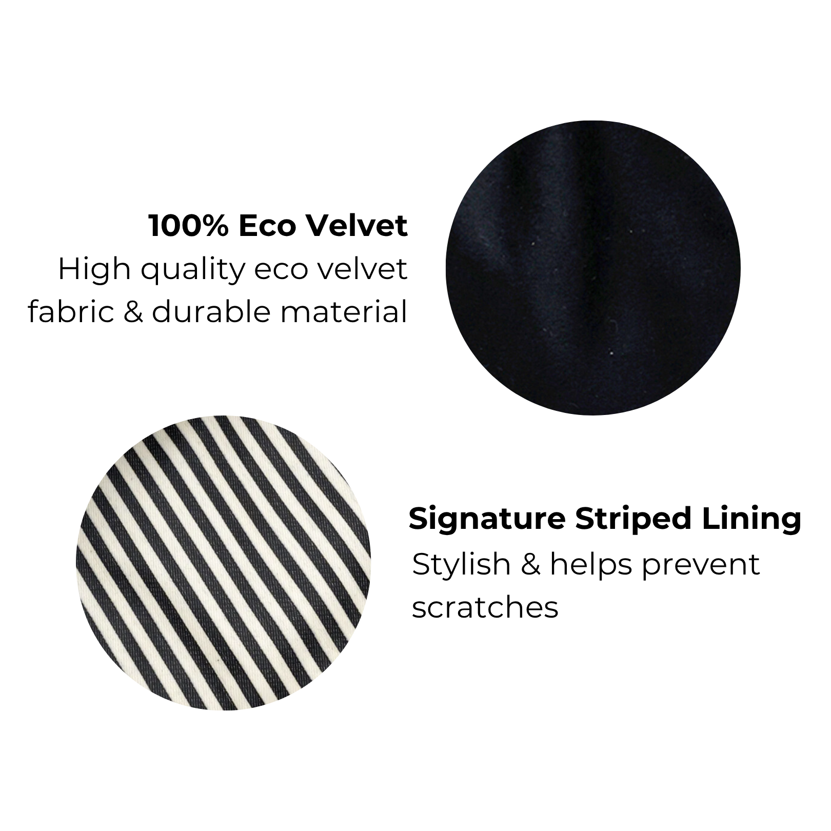 Close-up of Bag-all black eco velvet fabric and signature striped lining showing quality and stylish details