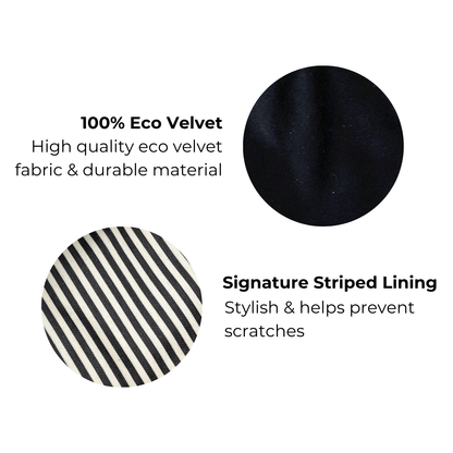 Black eco velvet fabric and signature striped lining detail of Bag-all drawstring headphone tech pouch interior