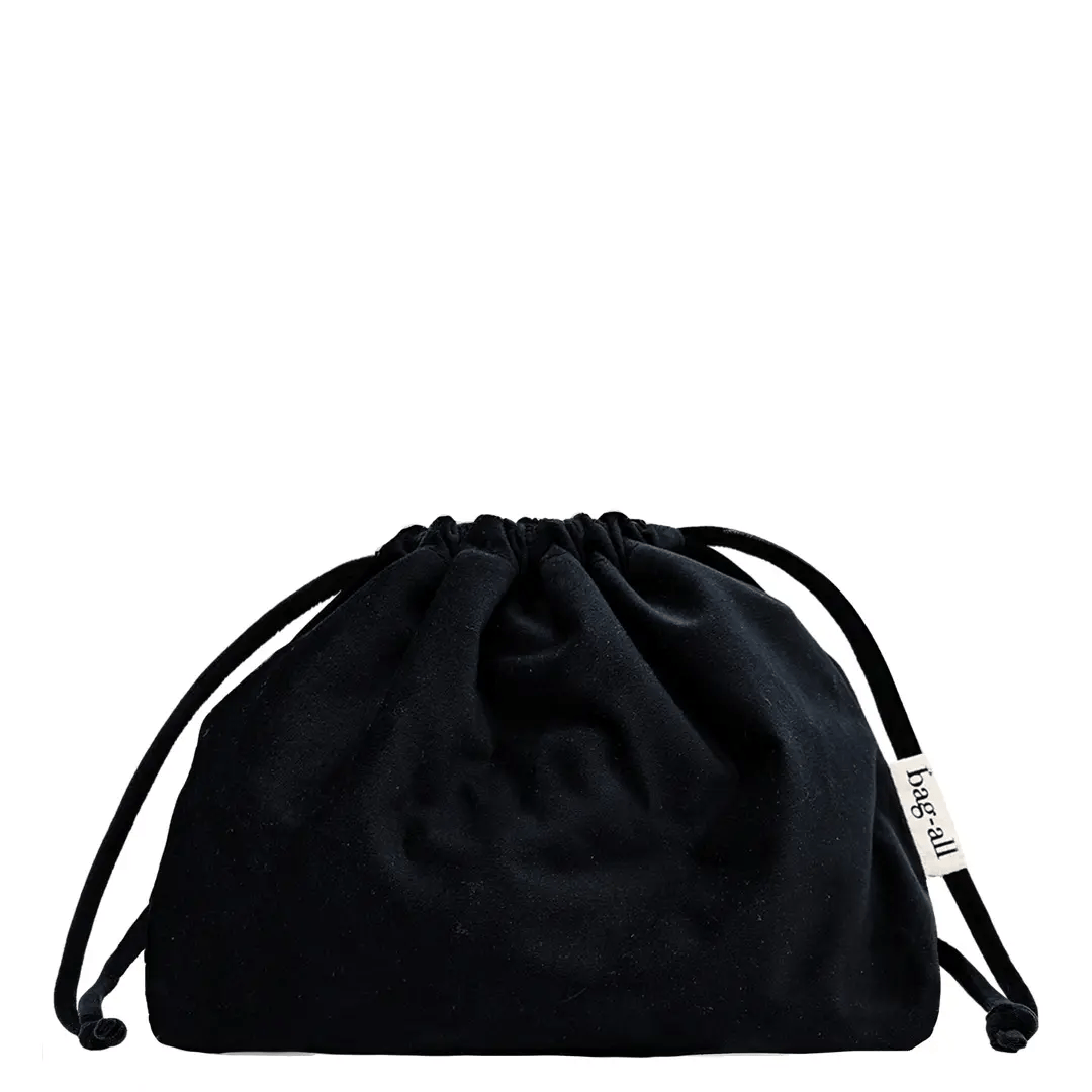 Drawstring Cute Headphone/Tech Pouch – Eco Velvet – Jetset Black, black pouch by Bag-all for travel organization