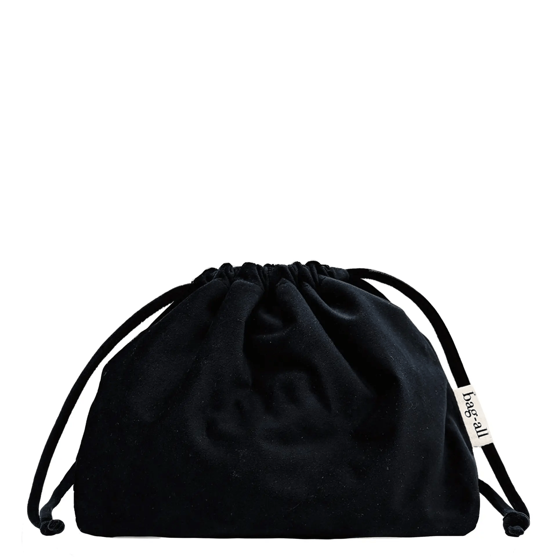 Black velvet drawstring makeup organizing bag by Bag-all, soft and compact for travel and home storage needs.