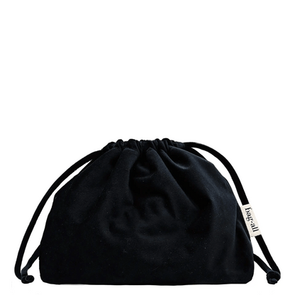 Black velvet drawstring makeup organizing bag by Bag-all, soft and compact for travel and home storage needs.