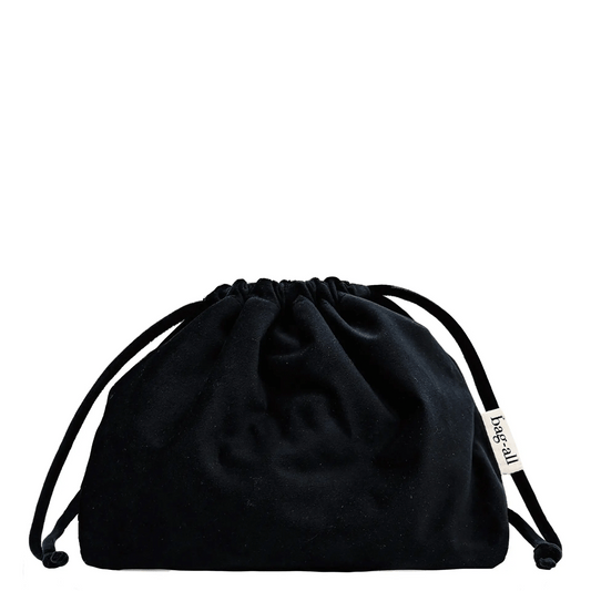 Black velvet drawstring pouch for headphones and tech accessories by Bag-all, perfect for neat compact storage.