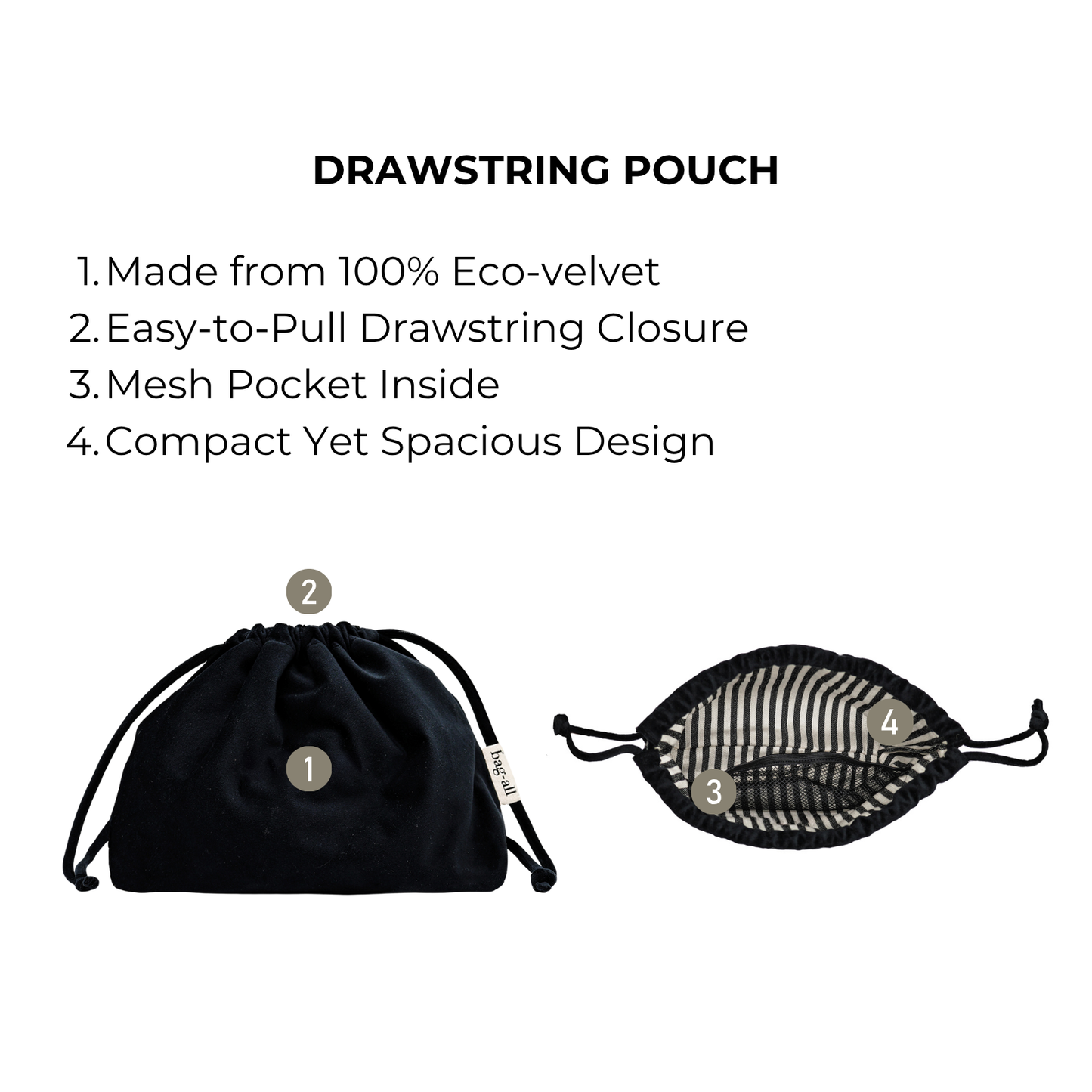 Black velvet drawstring makeup bag with mesh pocket, spacious design, and easy pull closure by Bag-all.