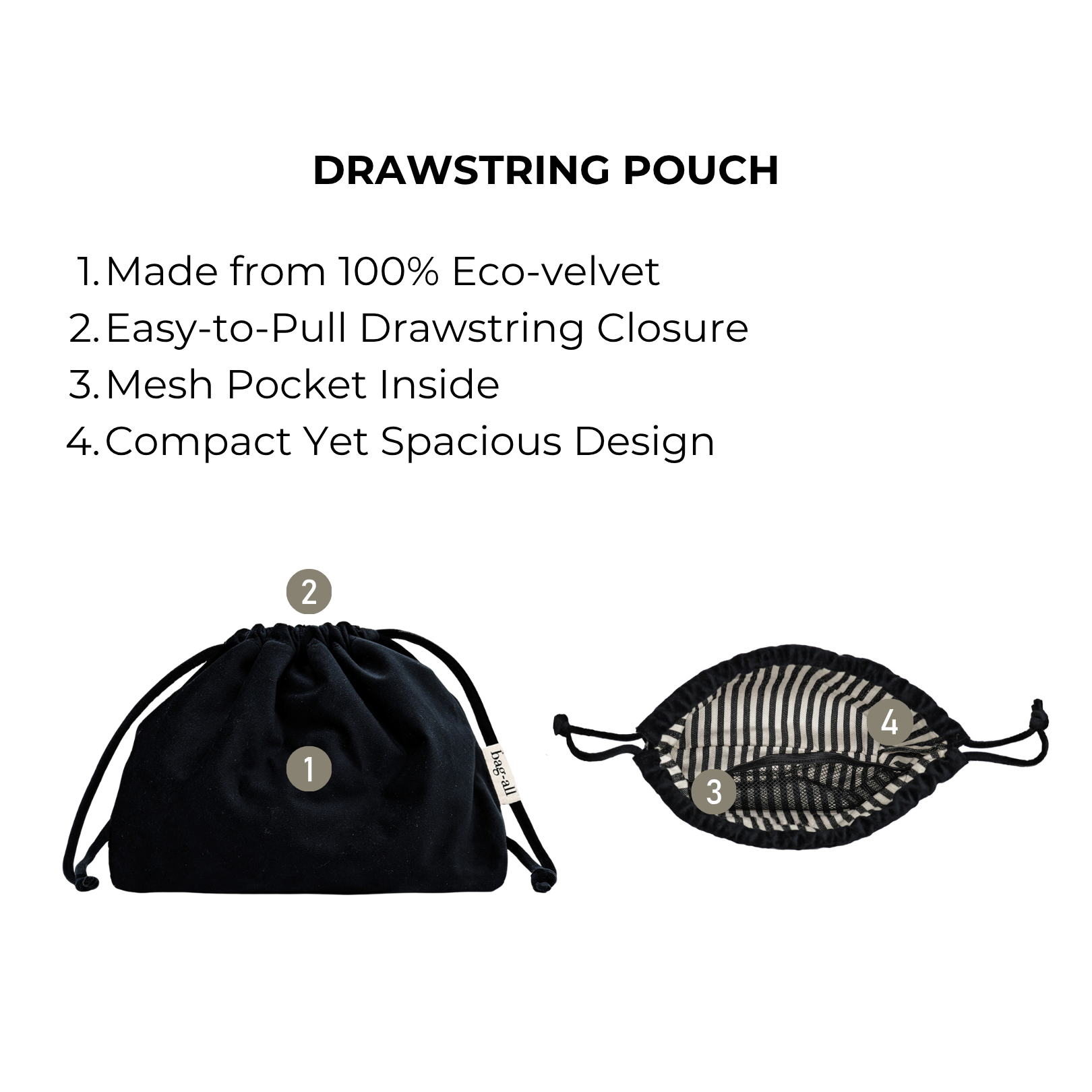 Bag-all black velvet drawstring pouch with mesh pocket inside, eco-friendly, compact and spacious design for tech essentials