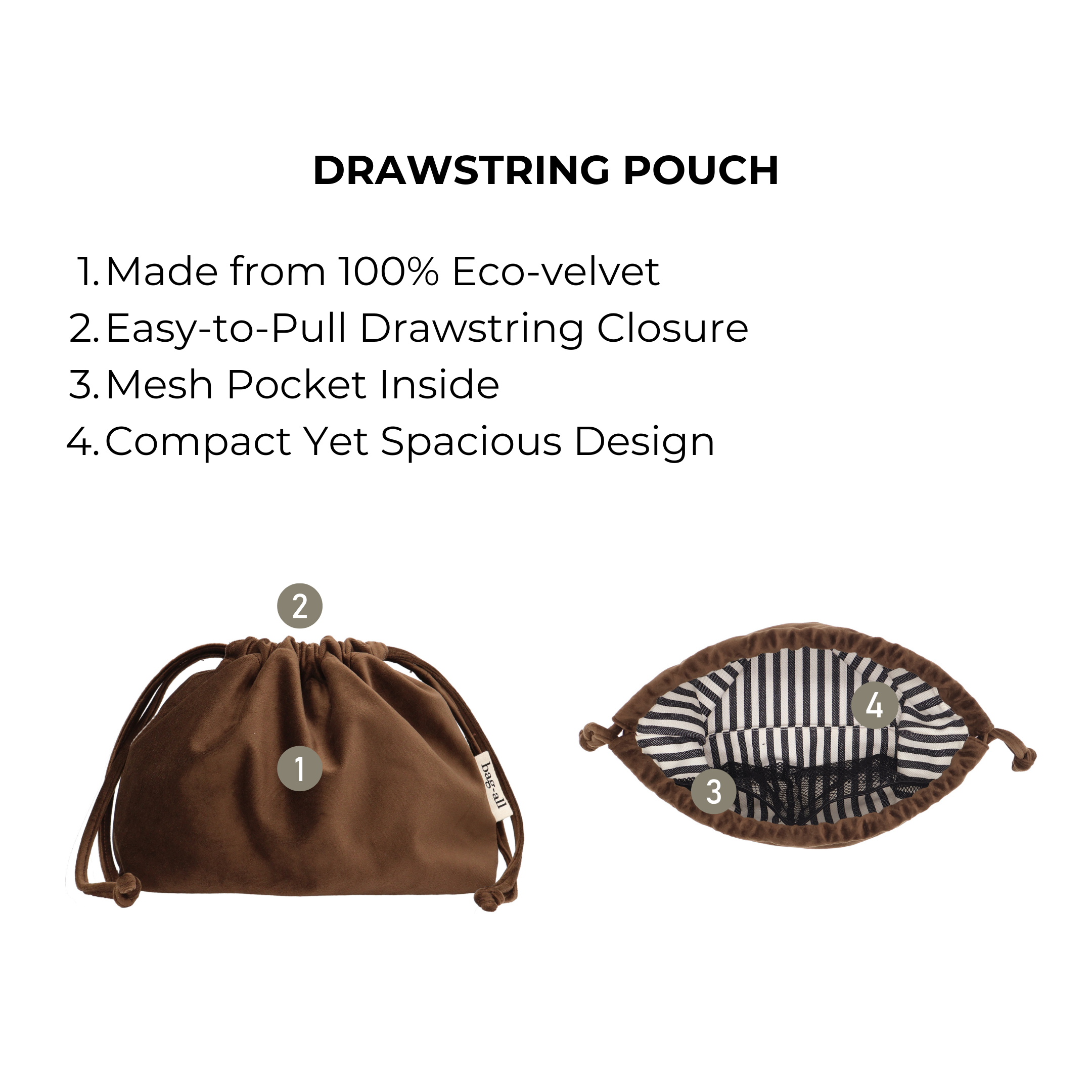 Drawstring Makeup Organizing Bag – Eco Velvet – Espresso Brown with mesh pocket, compact spacious design, and easy pull closure for personalized travel organization by Bag-all.