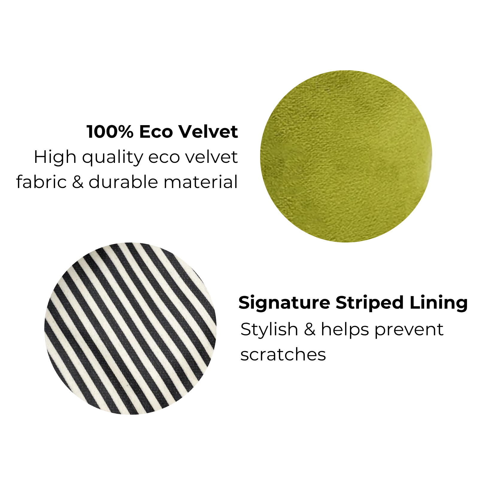 Green eco velvet fabric and black white striped lining details of Bag-all drawstring tech pouch for stylish protection