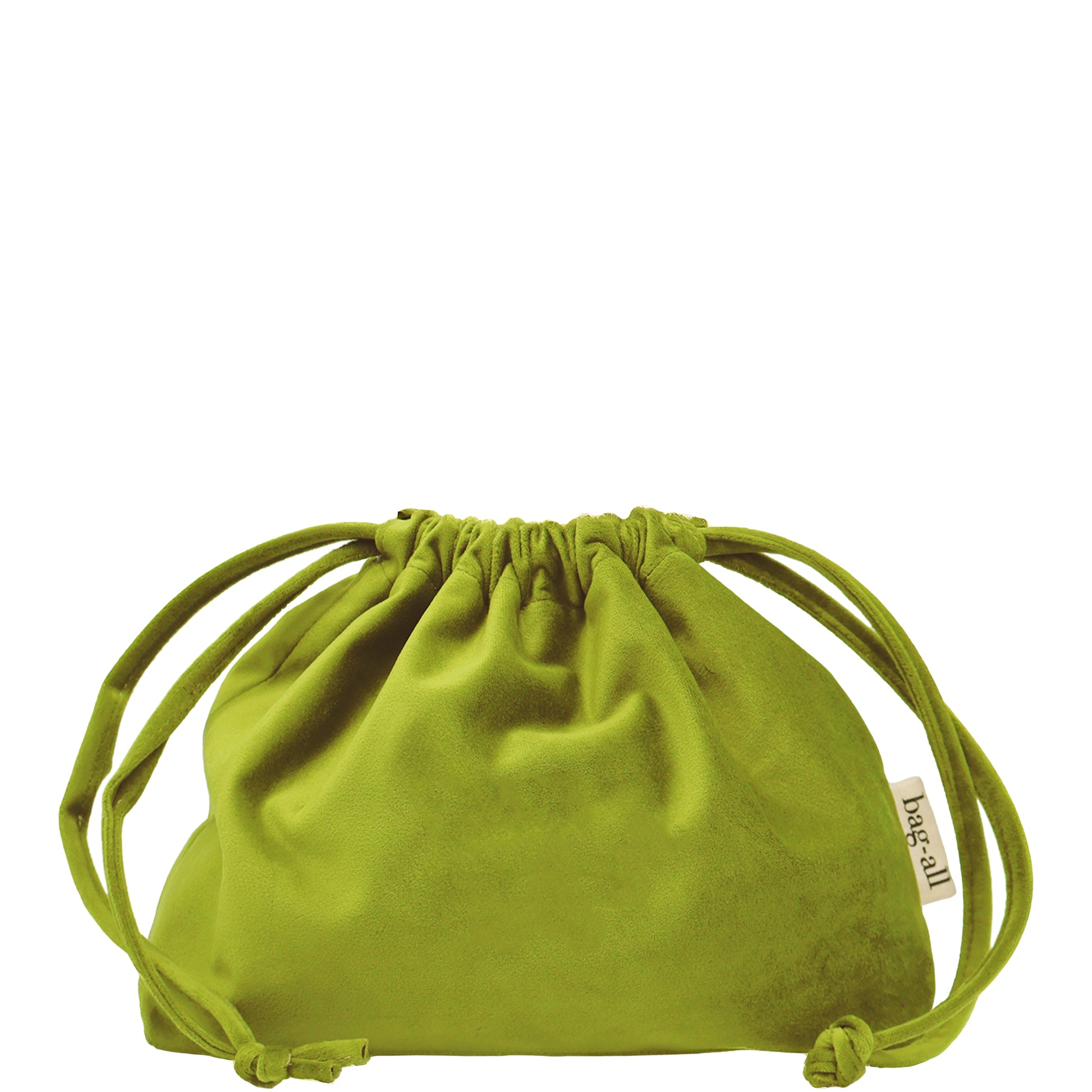 Green velvet drawstring pouch for headphones and tech accessories by Bag-all, soft compact organizer for cables and chargers