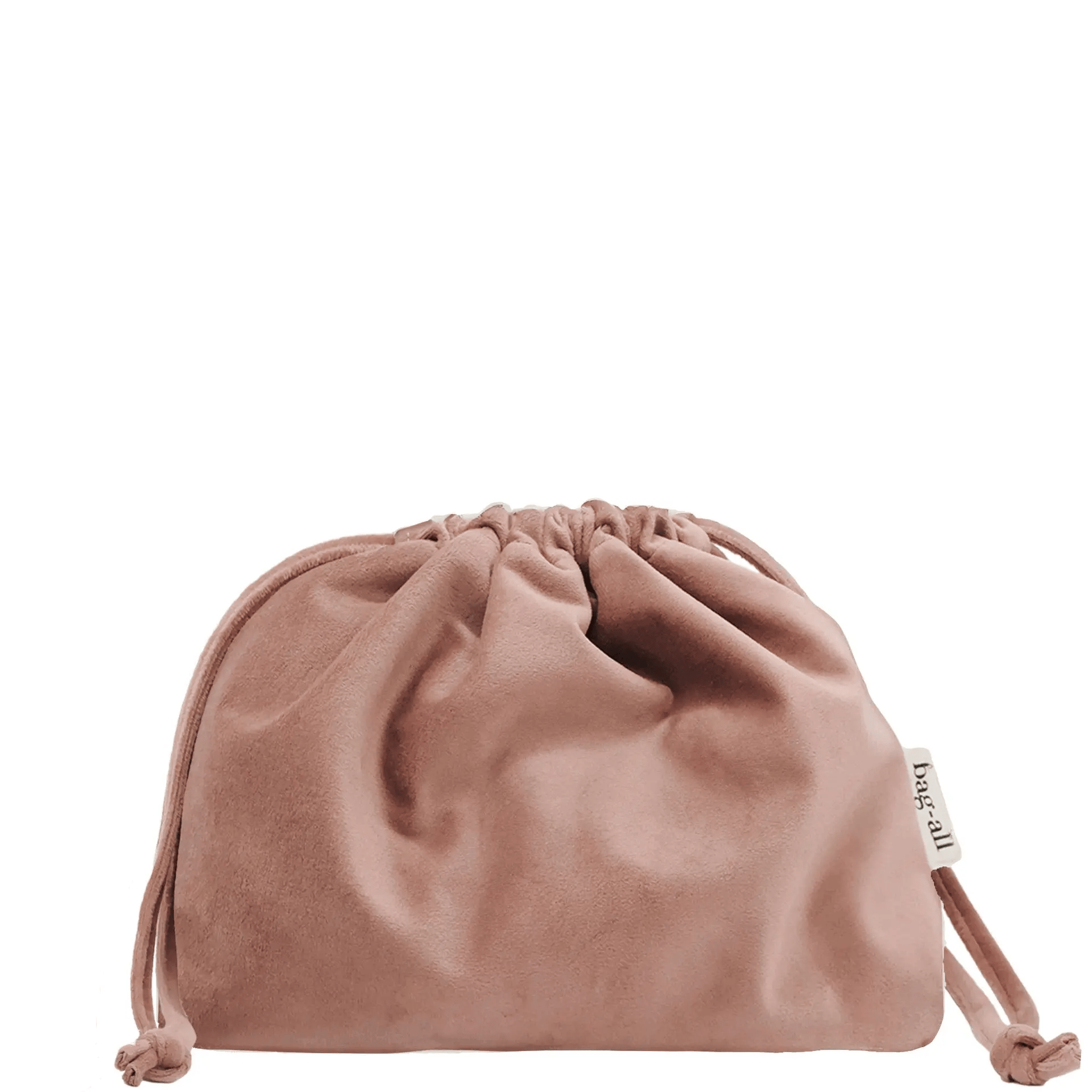 Pink velvet drawstring tech pouch by Bag-all for organizing earbuds chargers and cables in compact style