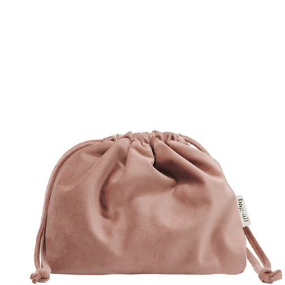 Pink velvet drawstring pouch for tech essentials and headphones by Bag-all, soft and compact organizer pouch.