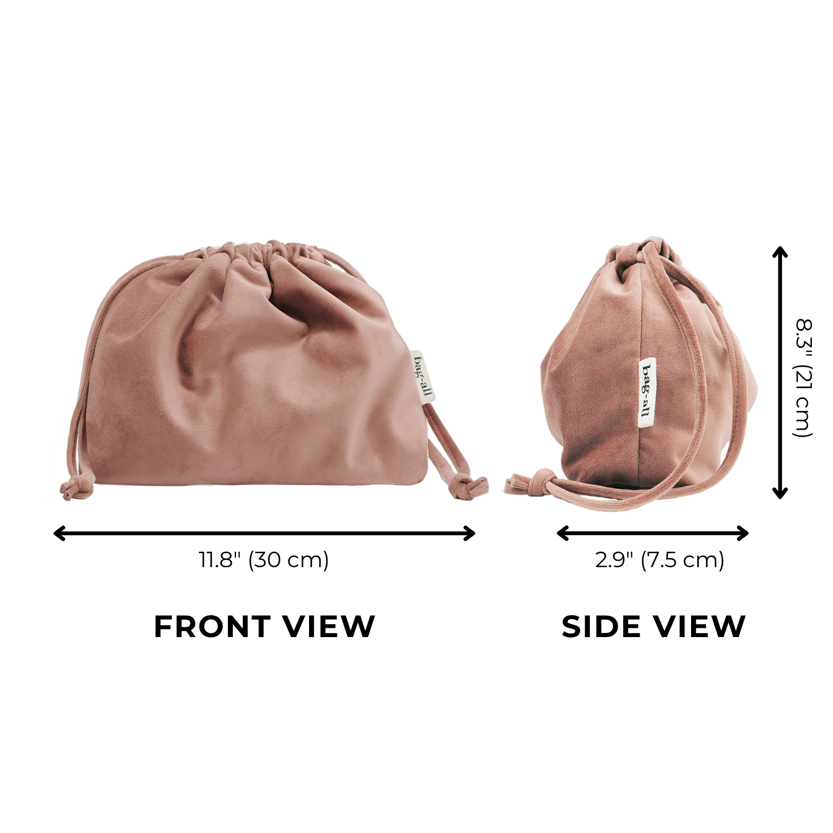 Bag-all pink velvet drawstring tech pouch for organizing earbuds and cables compactly with stylish soft fabric design