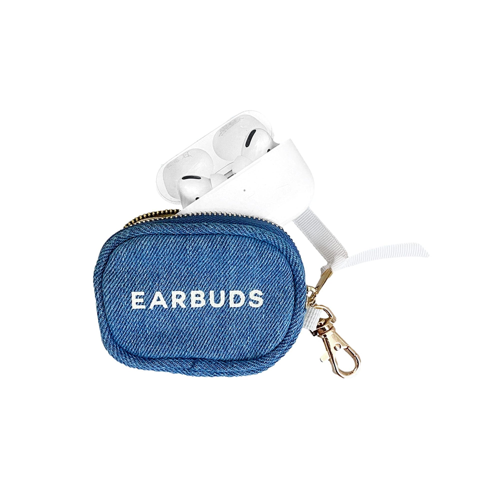 Denim earbuds case with zipper and clip, compact storage for wireless earbuds by Bag-all, stylish and practical design.
