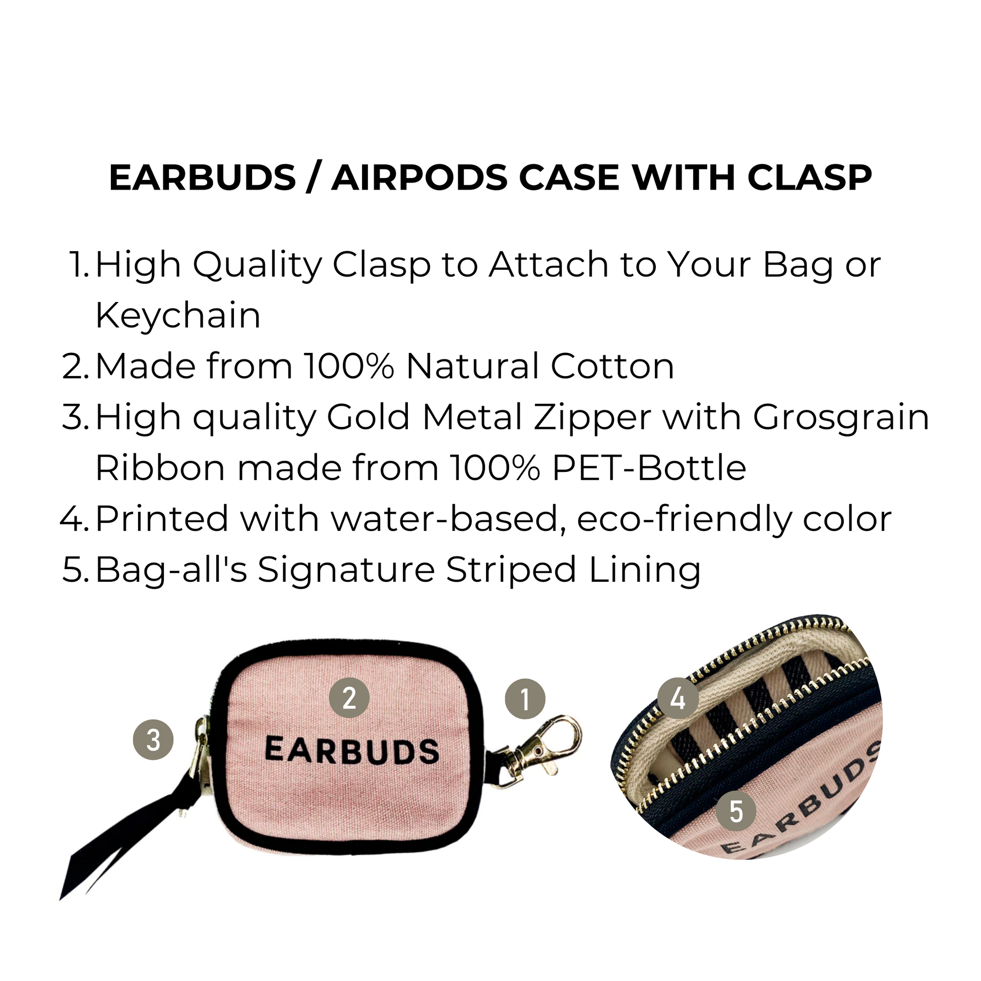 Bag-all Pink Earbuds Case with gold clasp features natural cotton construction, gold zipper, black piping, and signature striped lining for stylish earbud protection and organization