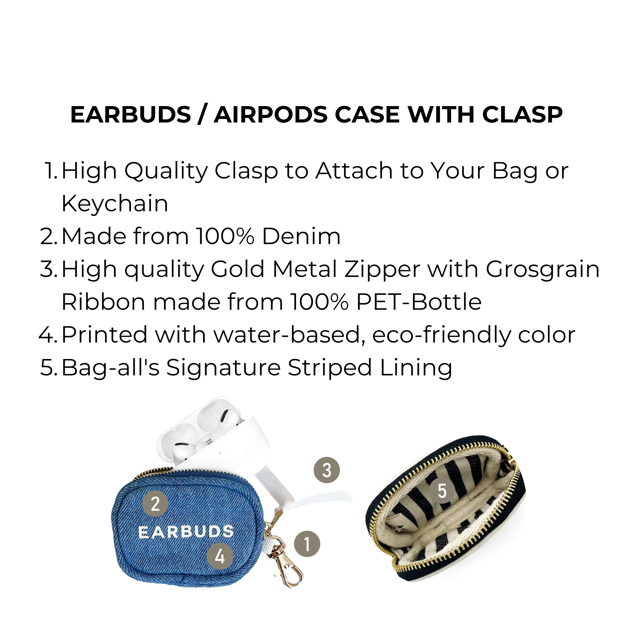 Earbuds/Airpods Case with Clasp, Denim | Bag-all