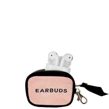 Pink Bag-all Earbuds Case with gold clasp holding white earbuds against white background