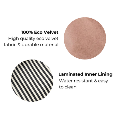 Bag-all Pink Velvet Pill Box with Handle features eco-friendly velvet exterior and water-resistant striped inner lining, perfect for weekly medication organization