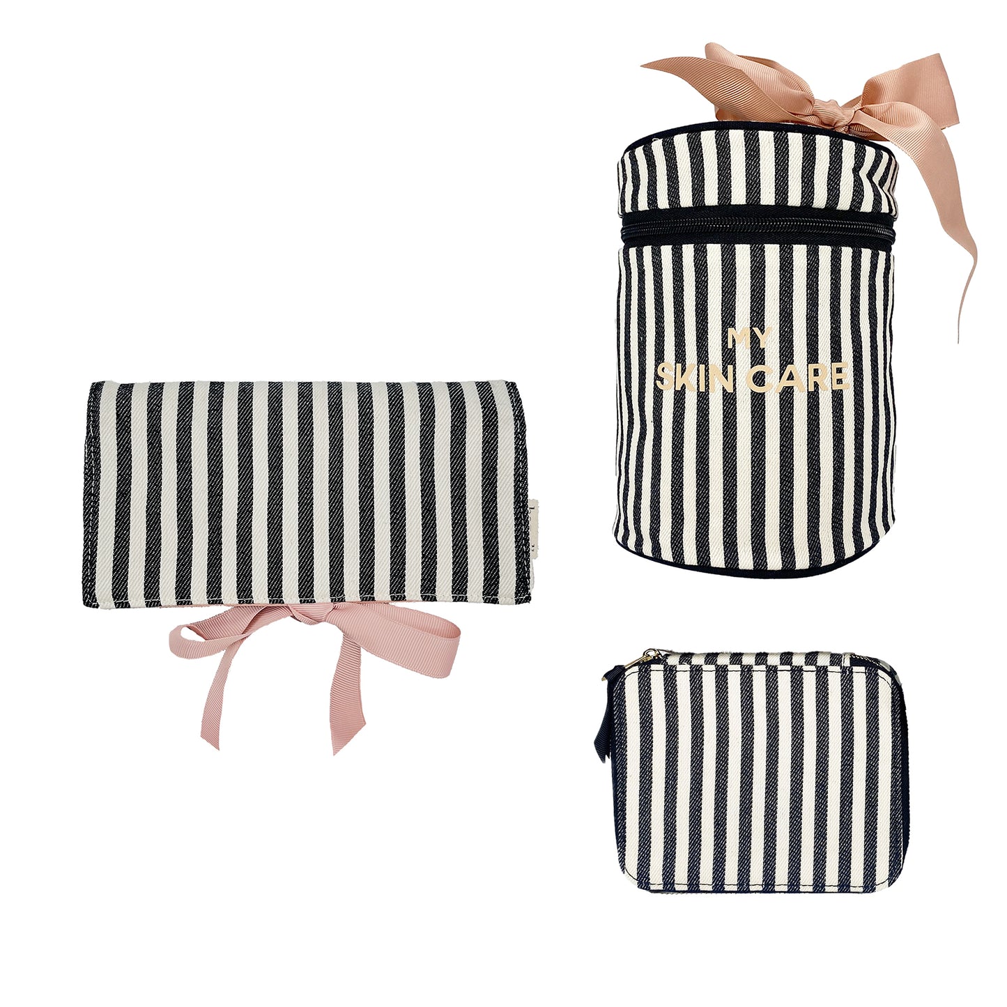 Striped Bag-all Essential Gift Set 3-Pack with skincare case, pill organizer, and jewelry roll pouch with pink bow detail