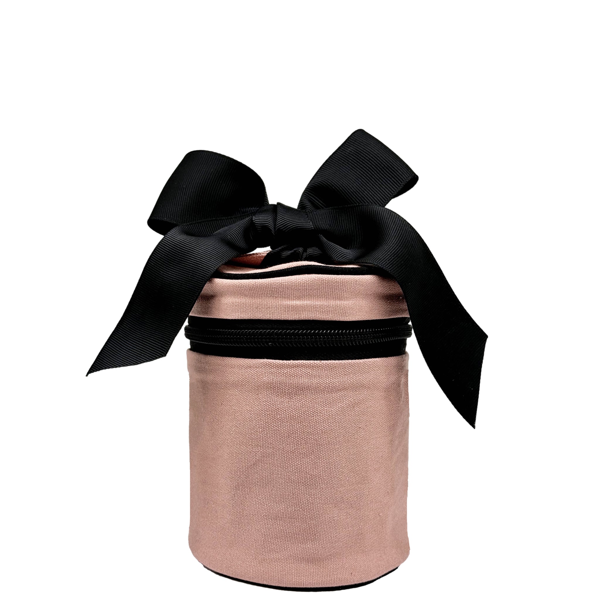 Bag-all Carry On Liquids Case in pink blush with black bow, TSA-compliant, leak-resistant travel organizer with bottles included