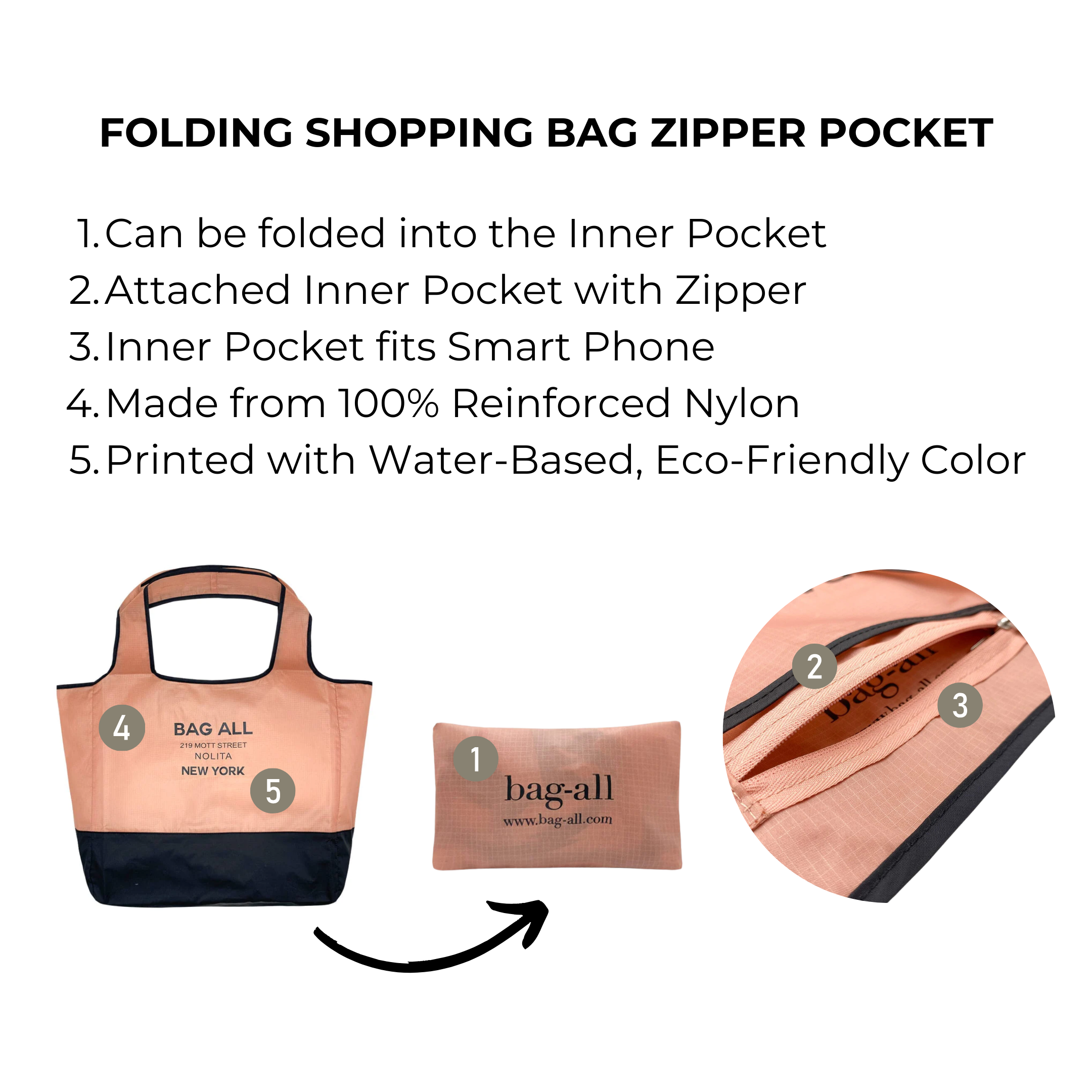 Folding Shopping Bag, Zipper Pocket Pouch | Bag-all
