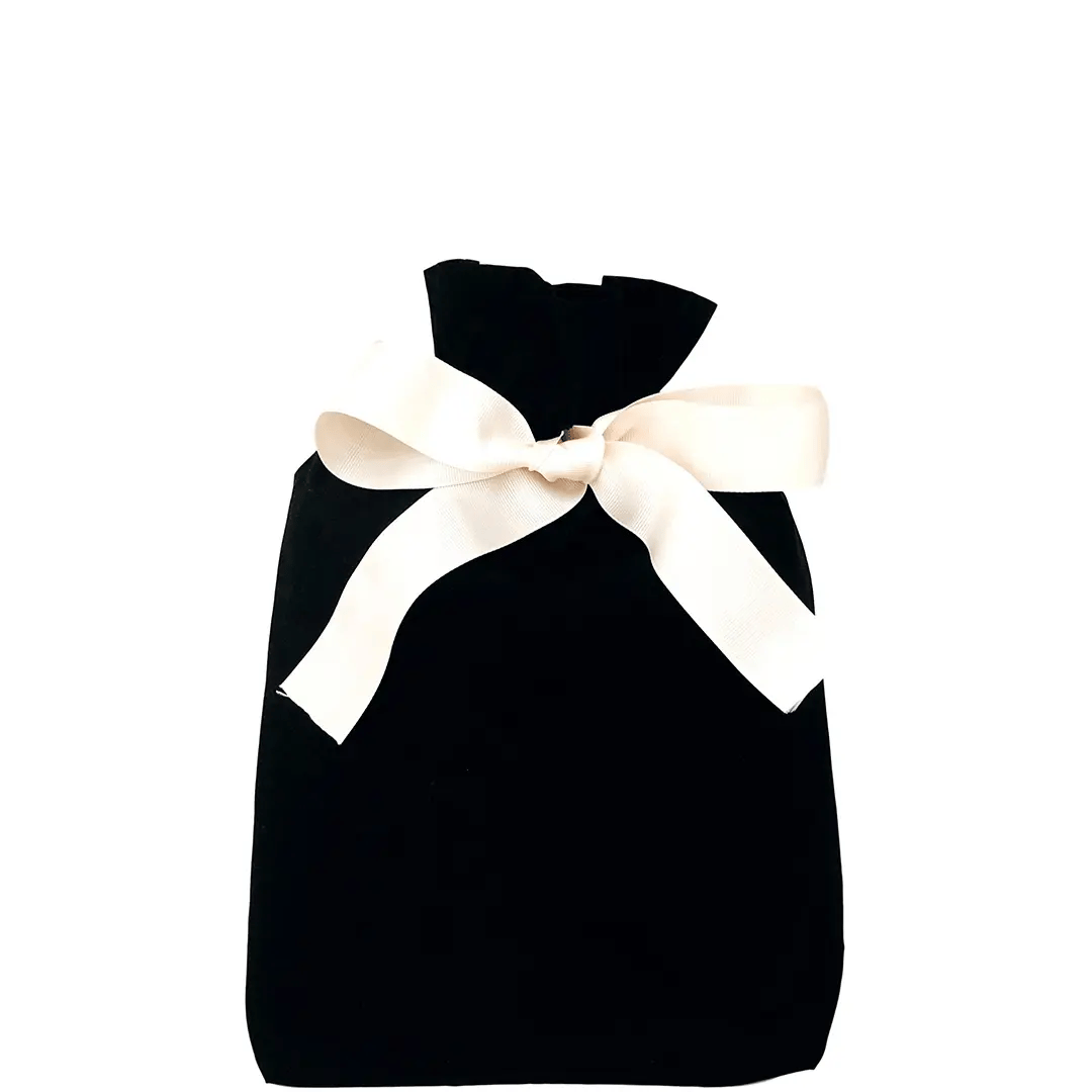 Black fabric Gift Bag tied with white ribbon by Bag-all on plain white background for sustainable wrapping