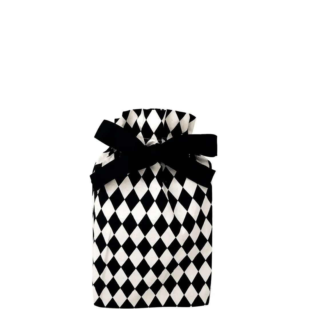 Black and white diamond patterned Bag-all Gift Bag Small tied with black ribbon on white background