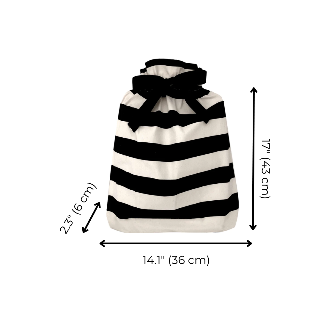 Bag-all Gift Bag Striped Large - Reusable black and white horizontal striped fabric gift bag with bow closure, measuring 17.1 x 14.1 inches, perfect for sustainable gift wrapping