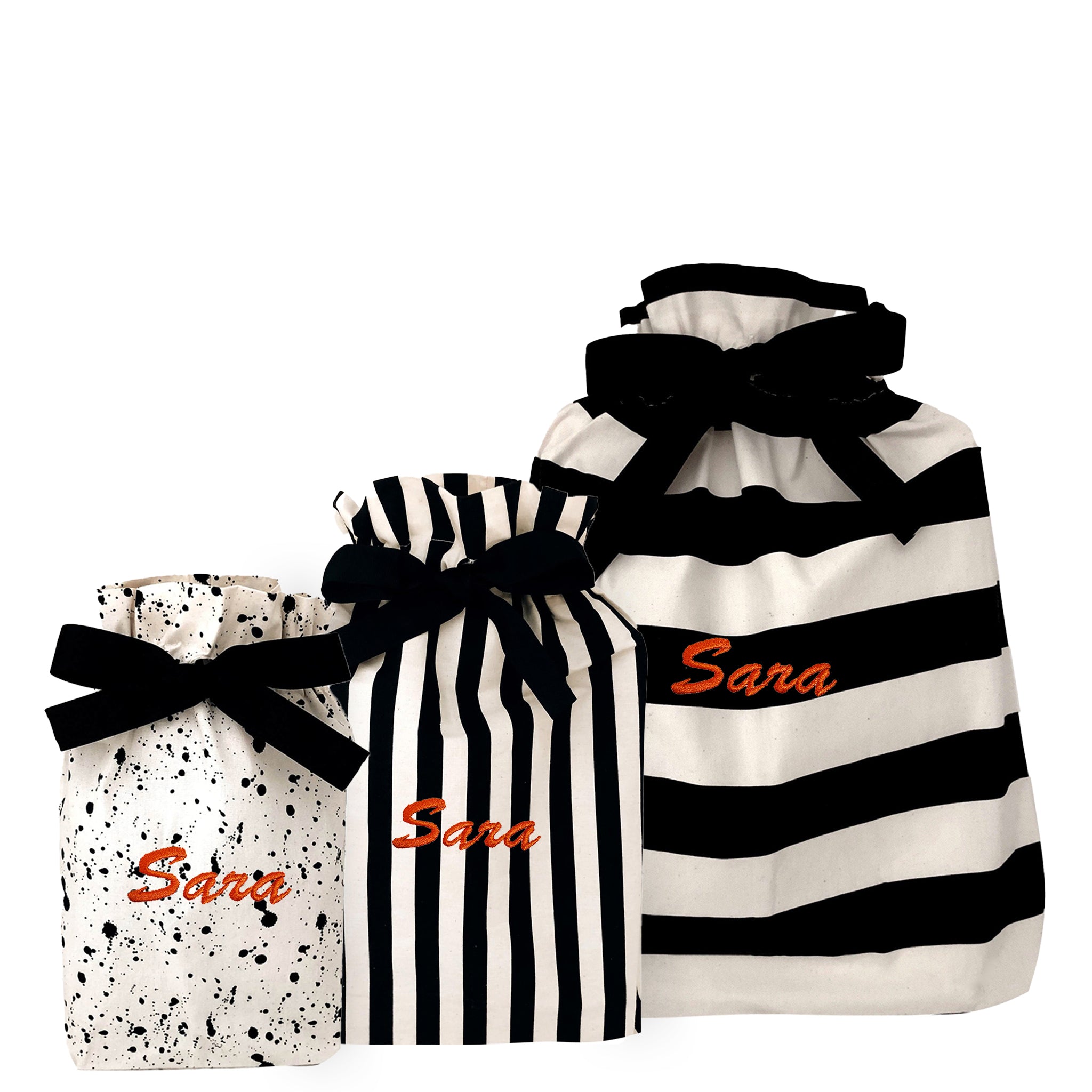 Reusable Bag-all gift bags set of three in splatter small, striped medium and large with drawstring closure and monogram option
