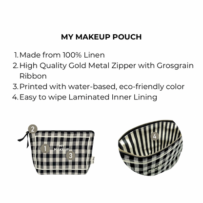 Bag-all My Makeup Pouch in black and white gingham pattern with laminated interior, gold zipper, and 100% linen construction, shown from front and top angles