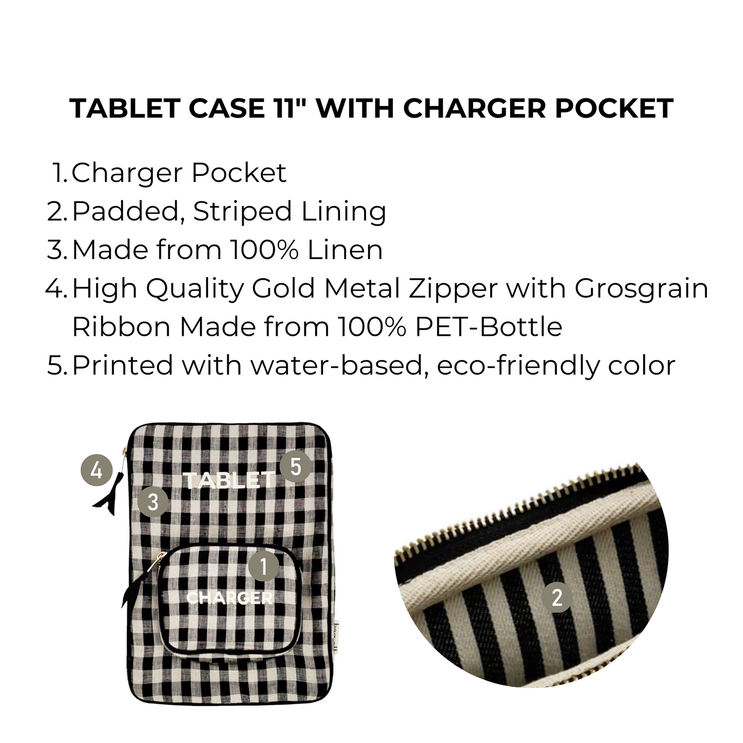 Bag-all Tablet Case 11" Gingham - protective linen sleeve with charger pocket, padded striped interior, eco-friendly design featuring gold zipper. Perfect for tablets and tech accessories