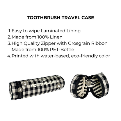 Bag-all gingham toothbrush travel case with laminated lining, eco-friendly materials, fits 5 toothbrushes, black and white checkered pattern, perfect for organizing dental essentials